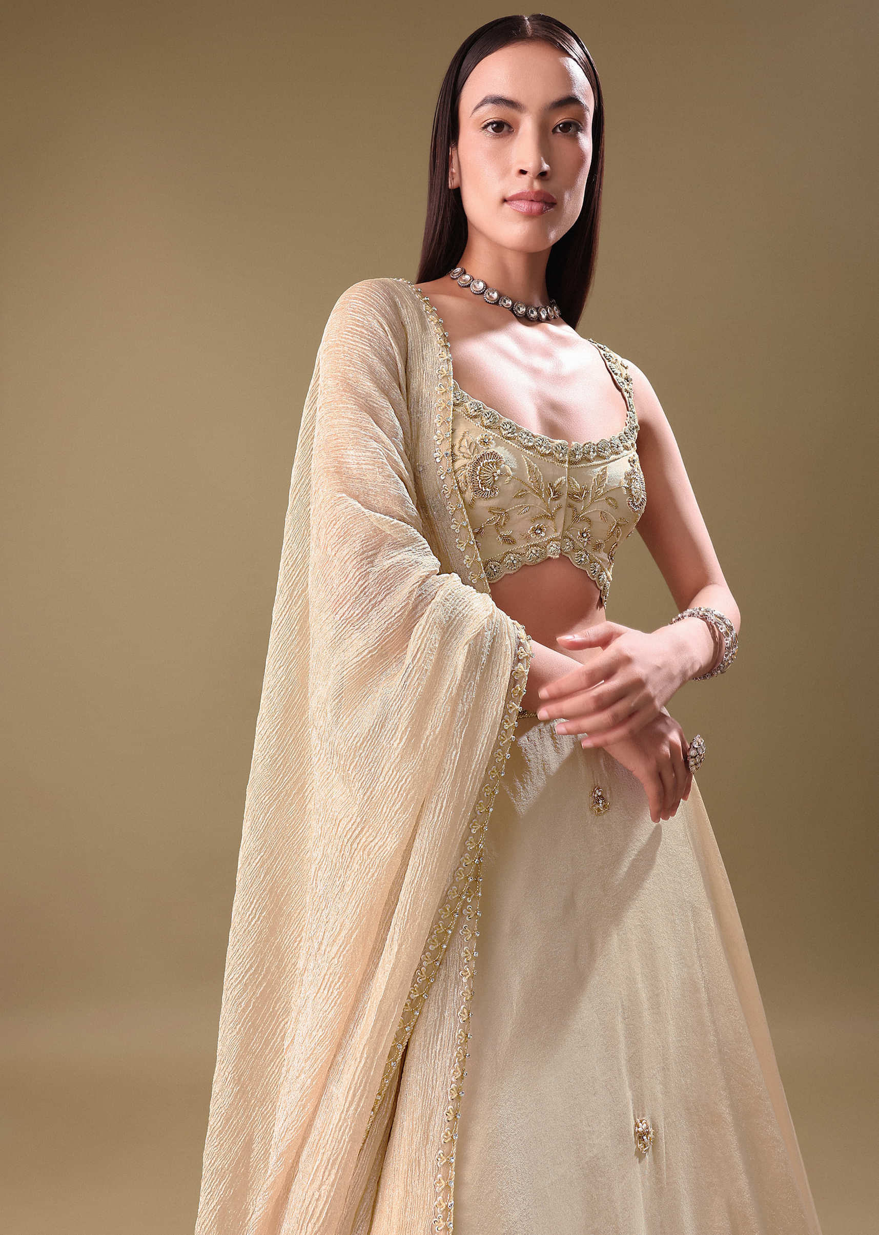 Gold Tissue Lehenga With Hand Embroidered Blouse Set - Image 2