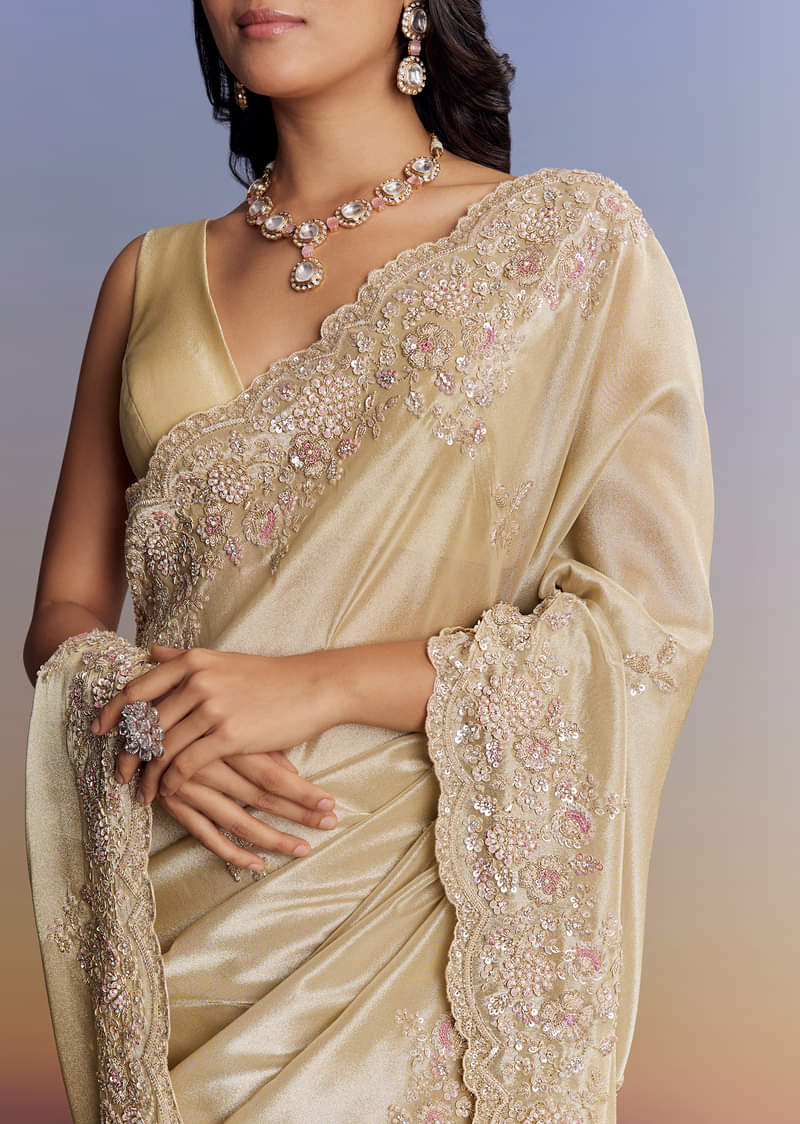Gold Tissue Saree With Cut Dana Embroidery - Image 2