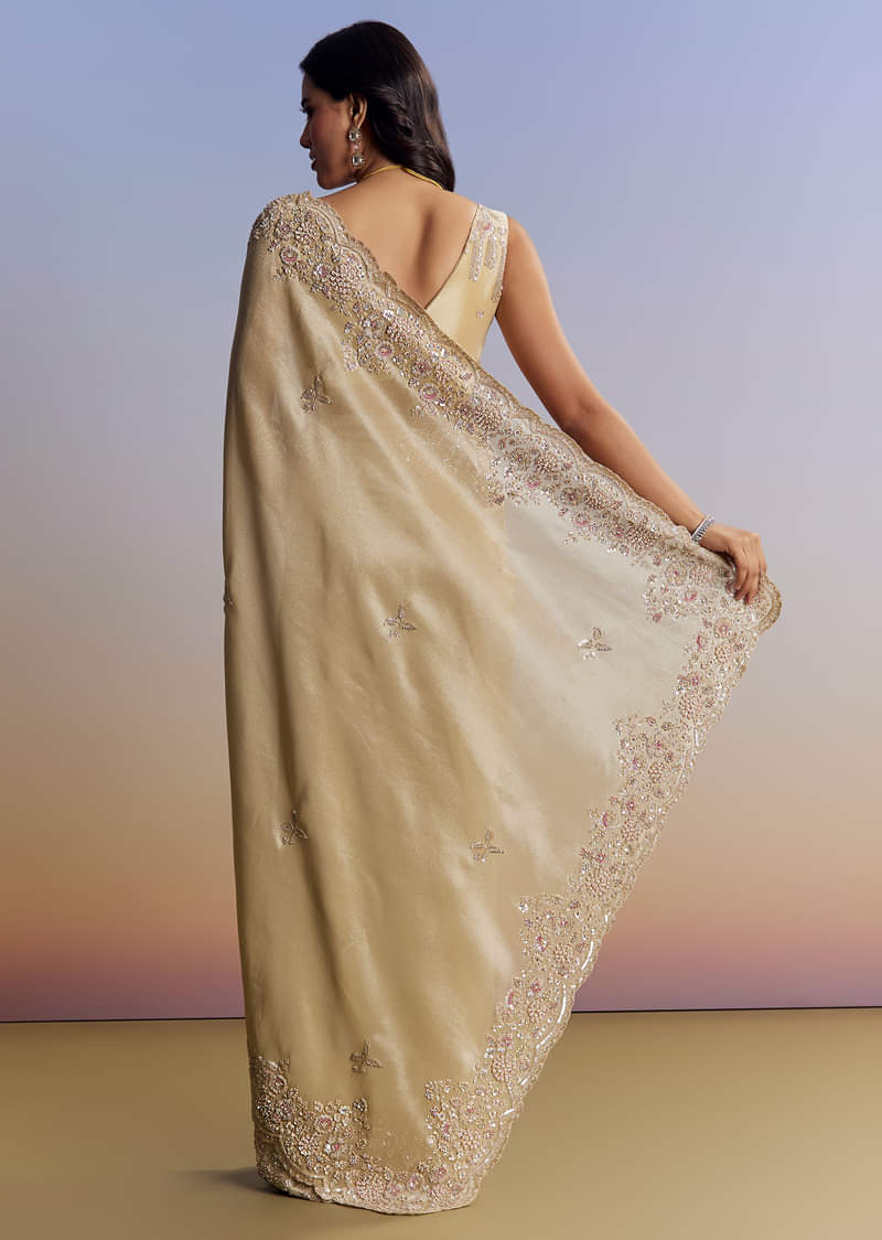 Gold Tissue Saree With Cut Dana Embroidery - Image 4