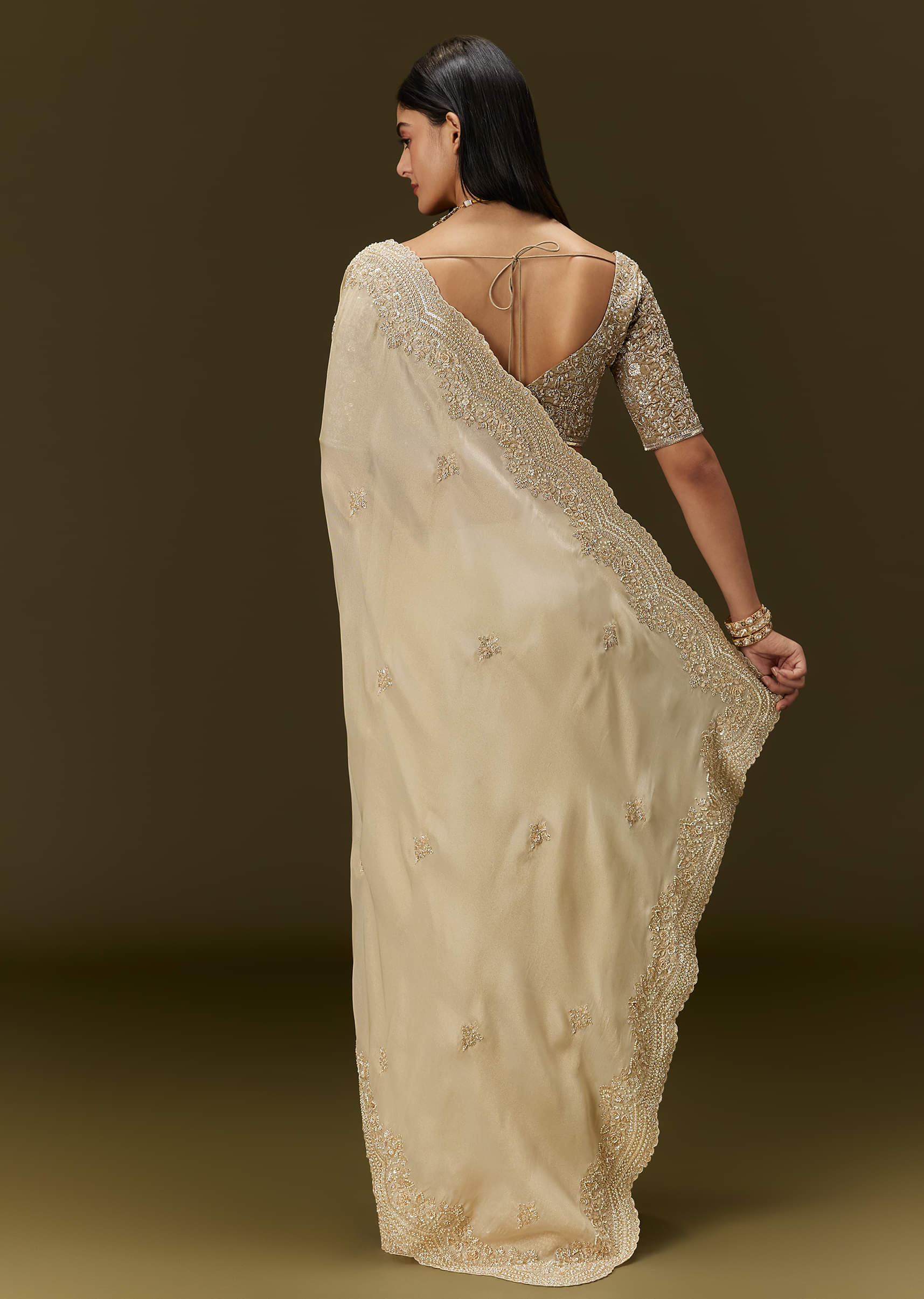Gold Tissue Saree With Embroidered Brocade Blouse - Image 6