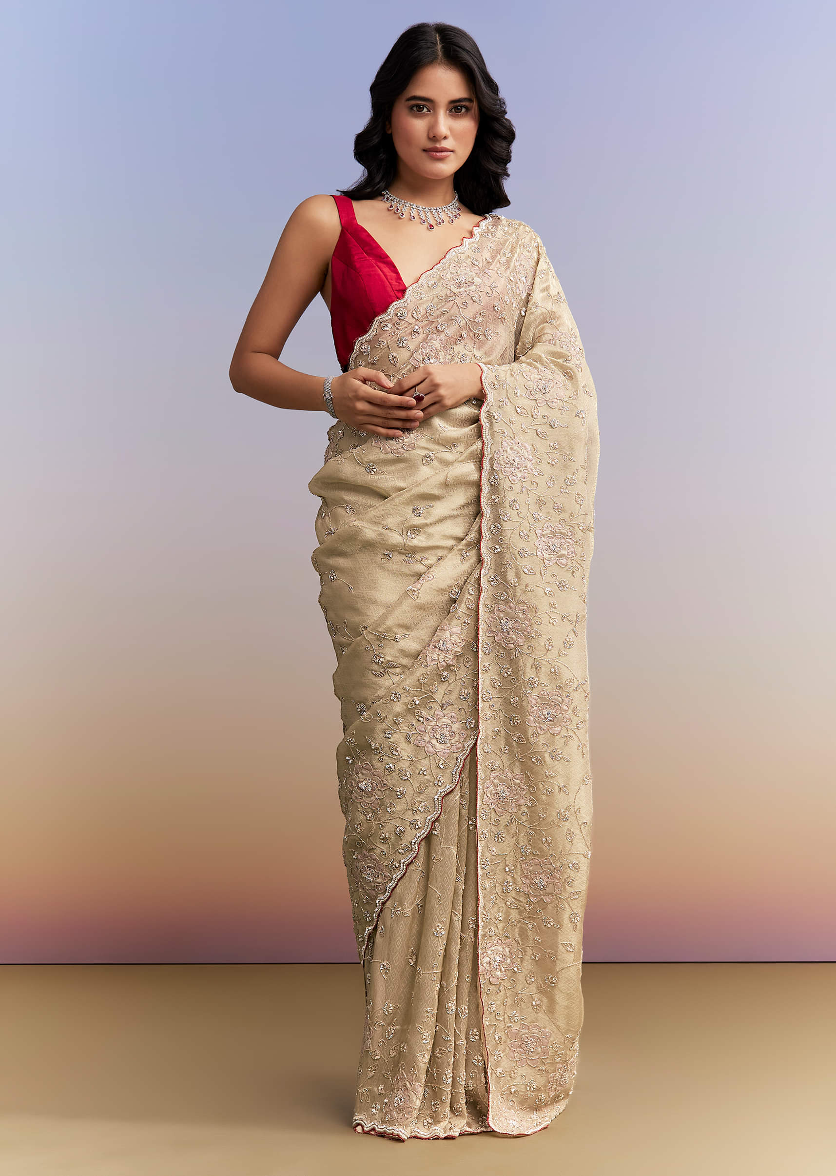 Gold Tissue Saree With Heavy Hand Embroidery - Image 3