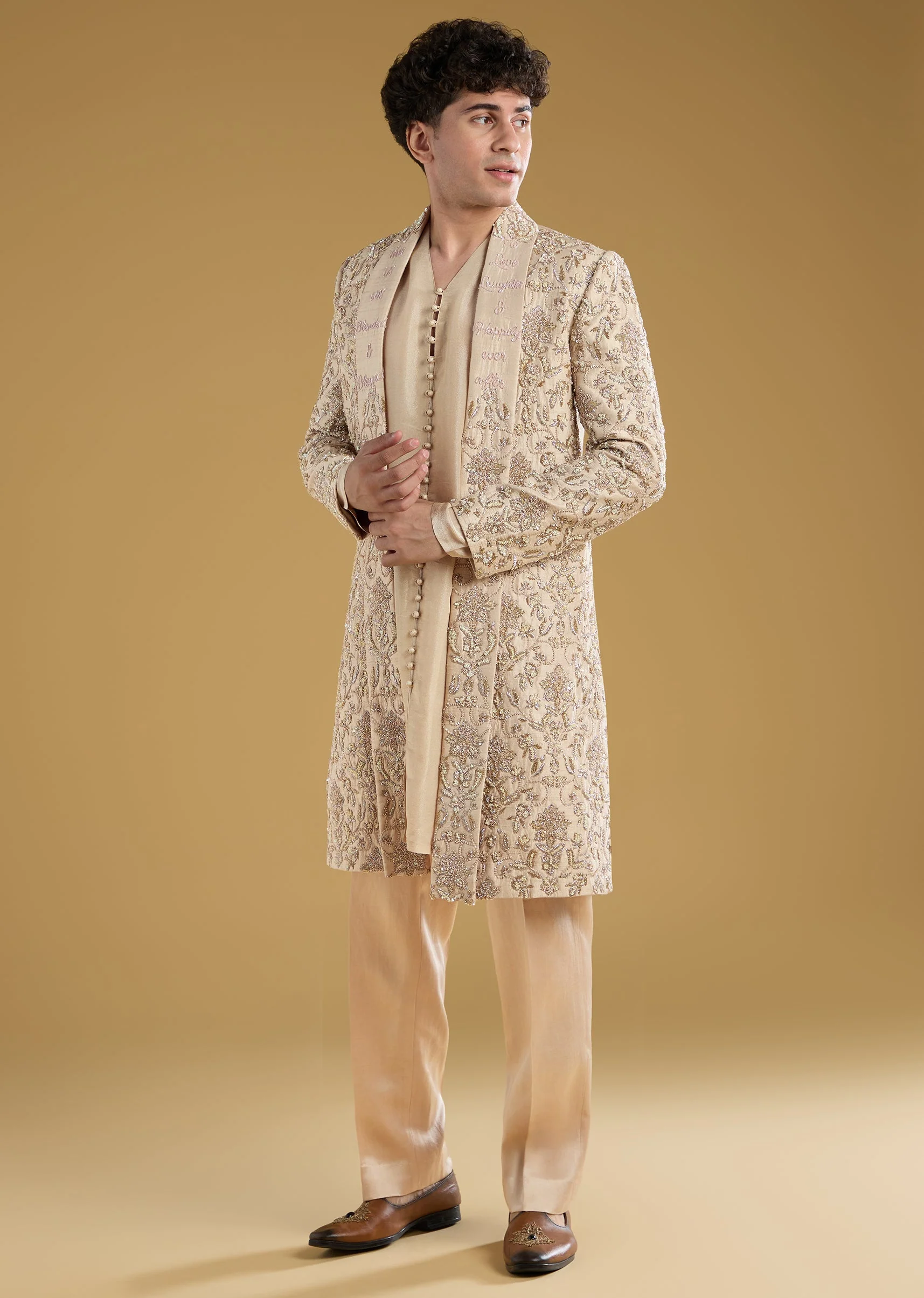 Gold Tissue Sherwani With Zari Cut Dana And Sequins Work - Image 3