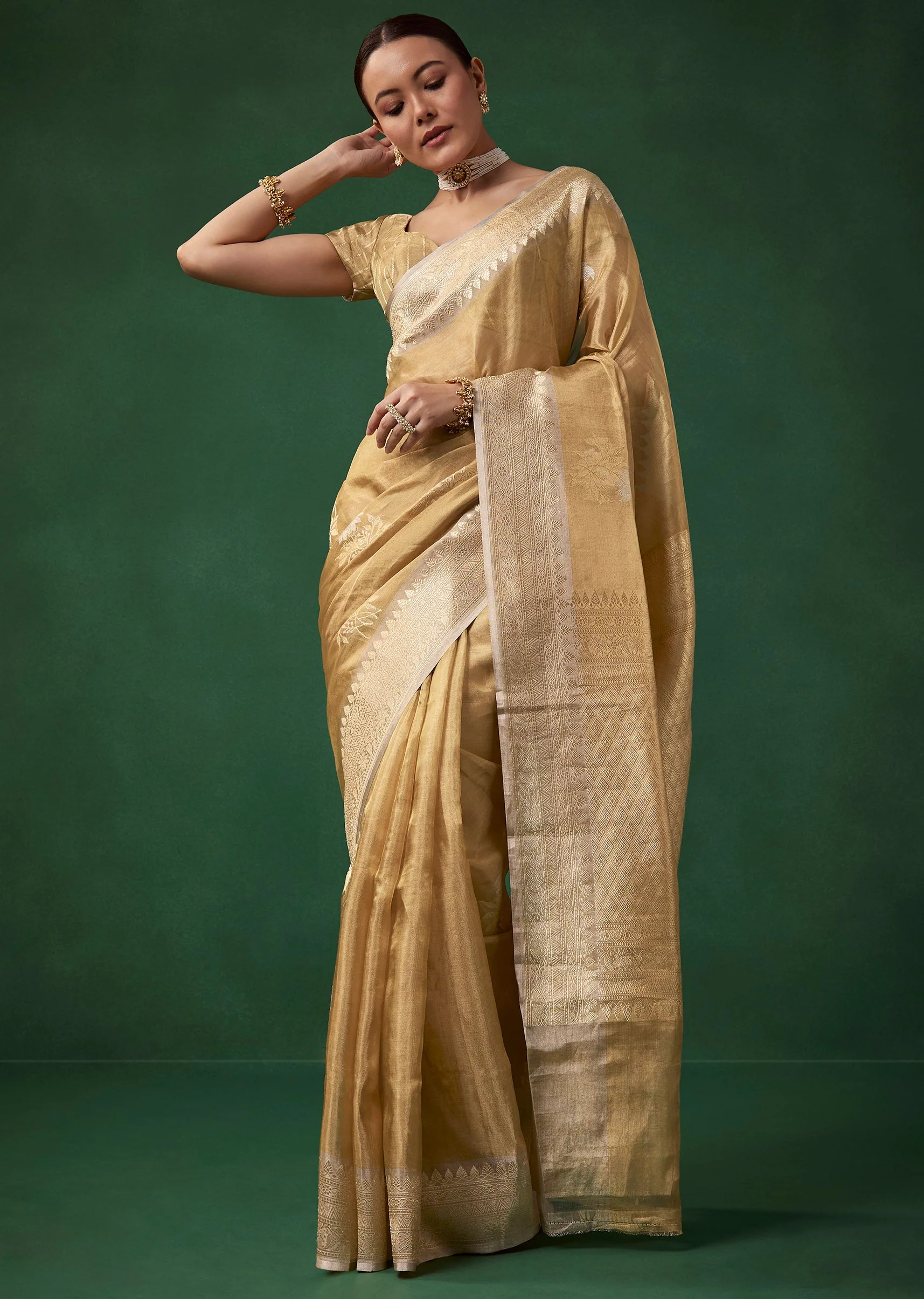 Gold Tissue Silk Butti Woven Saree with Unstitched Blouse - Image 3