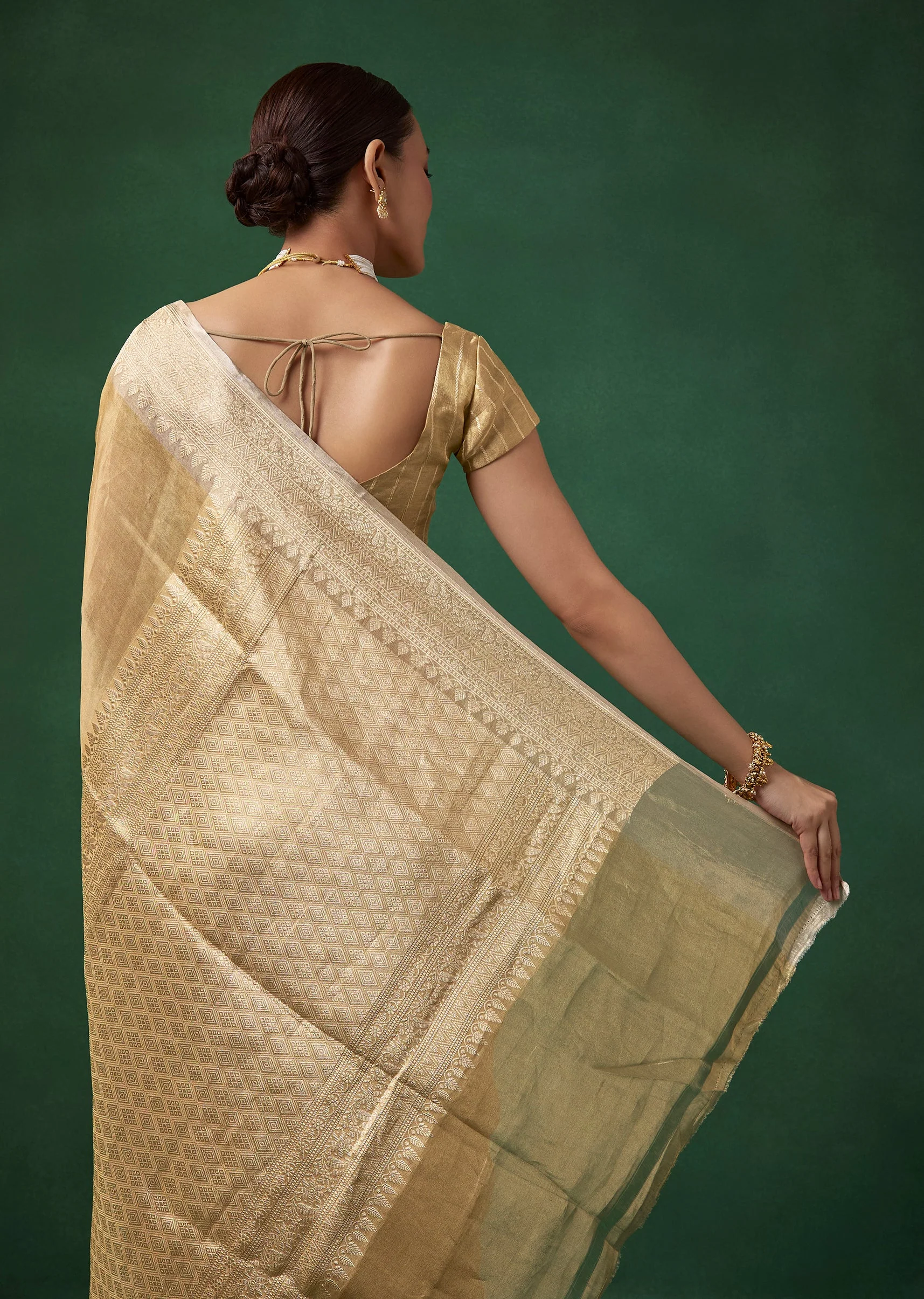 Gold Tissue Silk Butti Woven Saree with Unstitched Blouse - Image 6