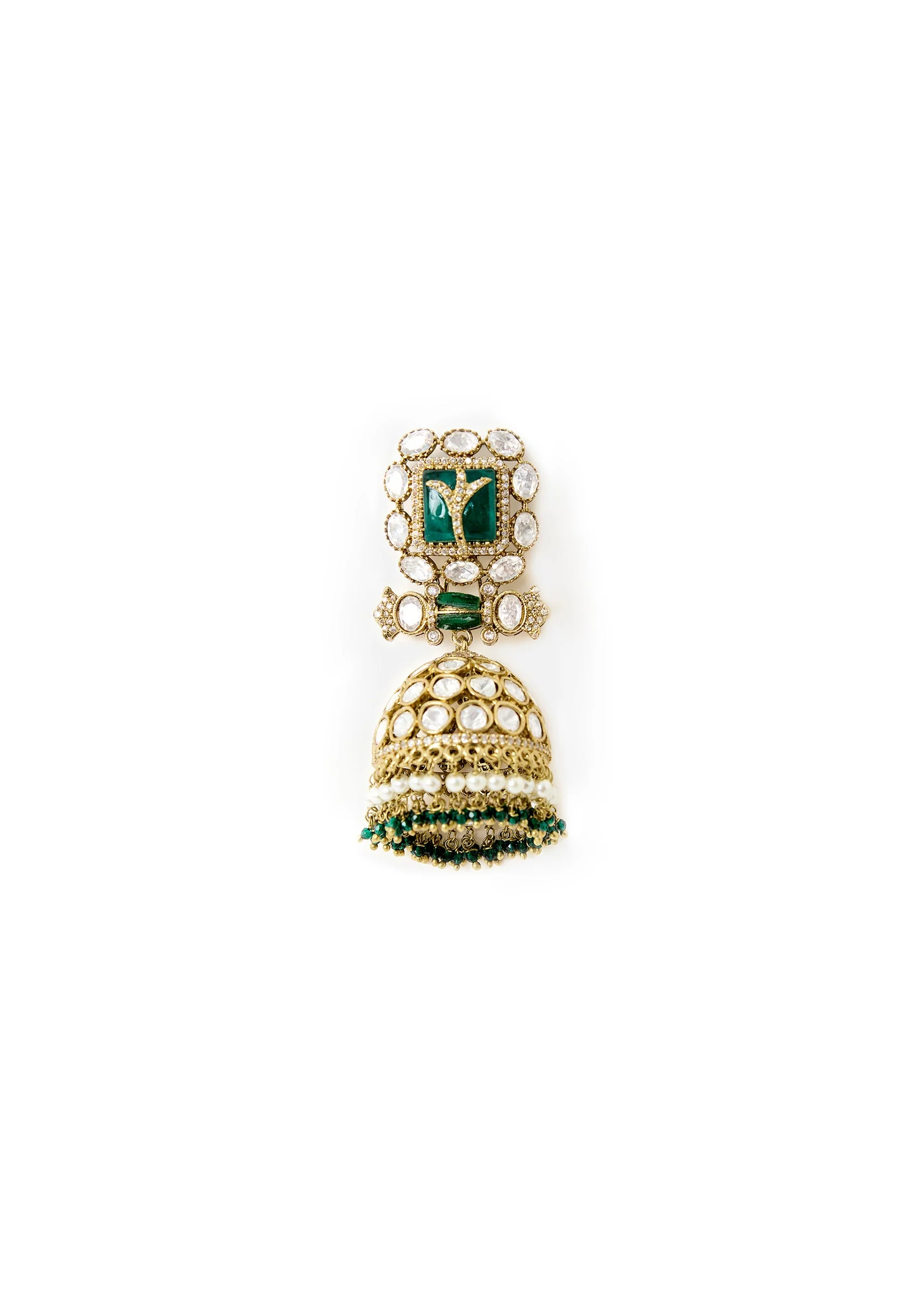 Gold Tone Jhumka Earrings With Green And Pink Stone and Pearl Detailing - Image 3