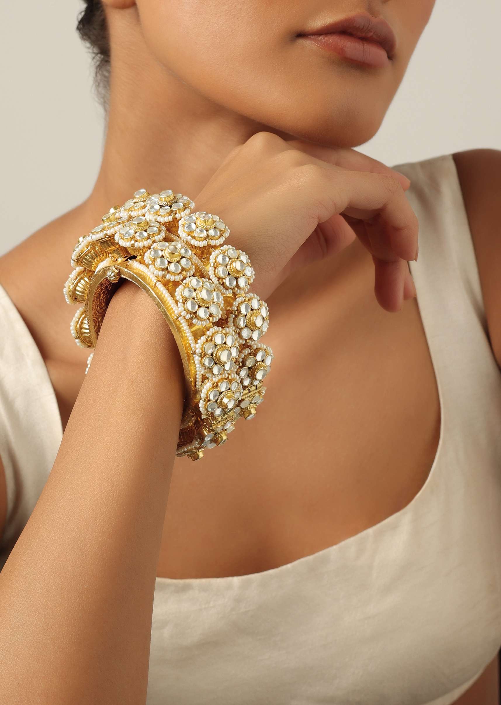 Gold Tone Kundan Bangle With Pearls And Floral Motifs - Image 2