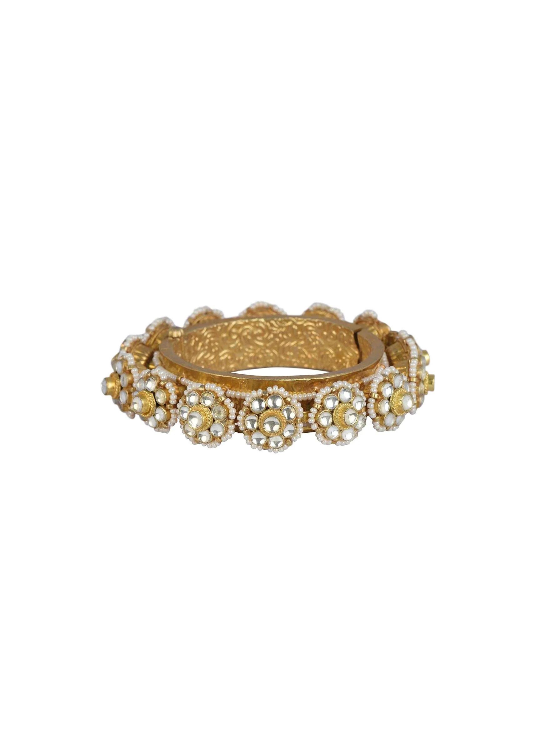 Gold Tone Kundan Bangle With Pearls And Floral Motifs - Image 4