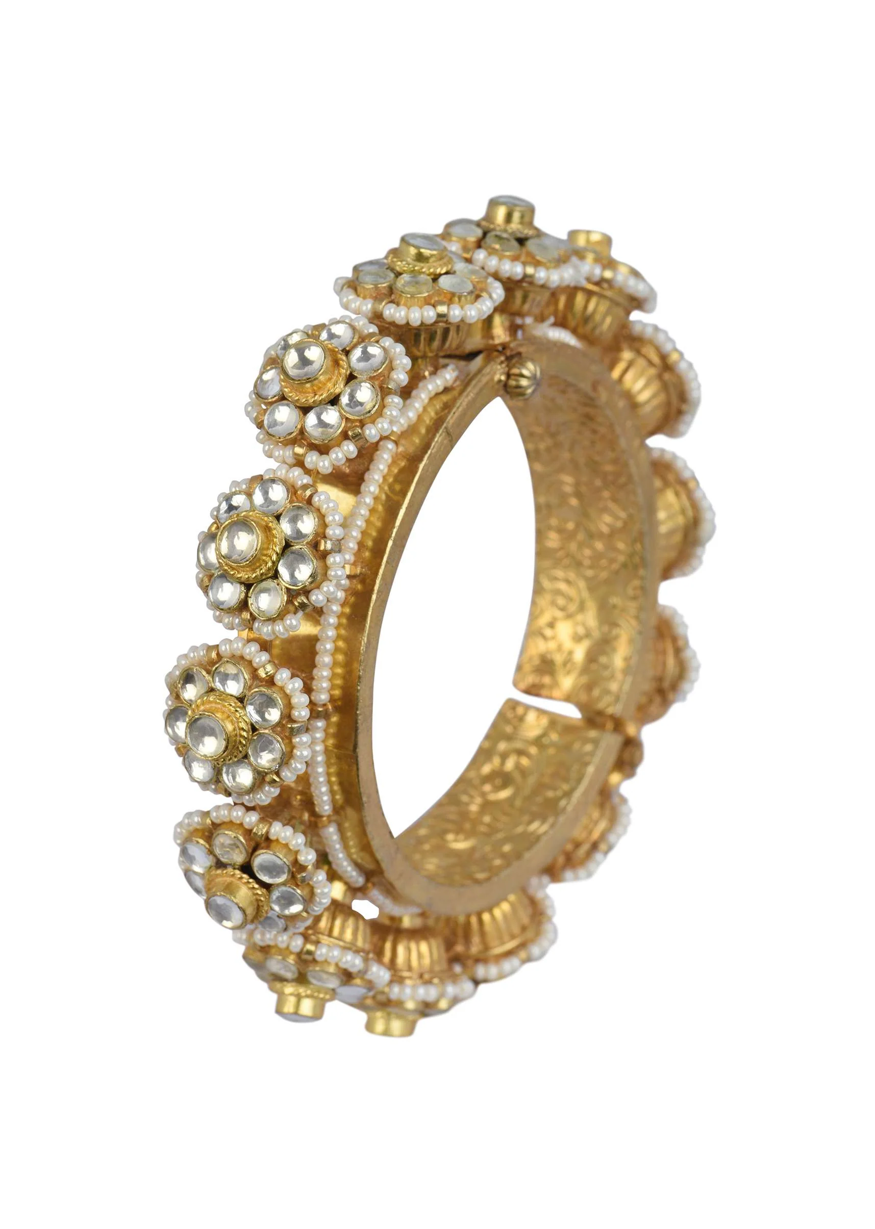 Gold Tone Kundan Bangle With Pearls And Floral Motifs - Image 5