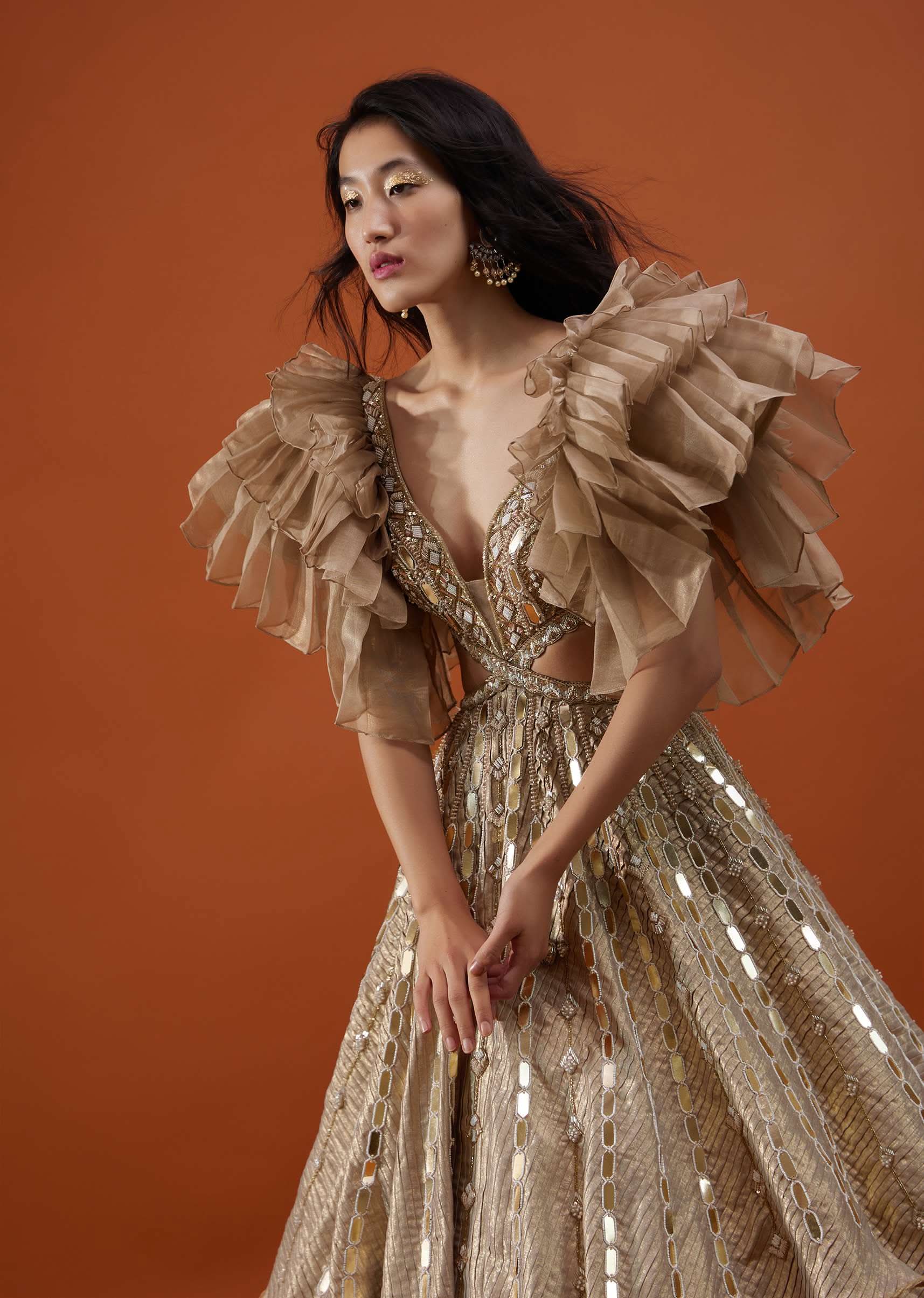 Gold Toned Embroidery Gown With Ruffle Sleeves - NOOR 2022 - Image 4