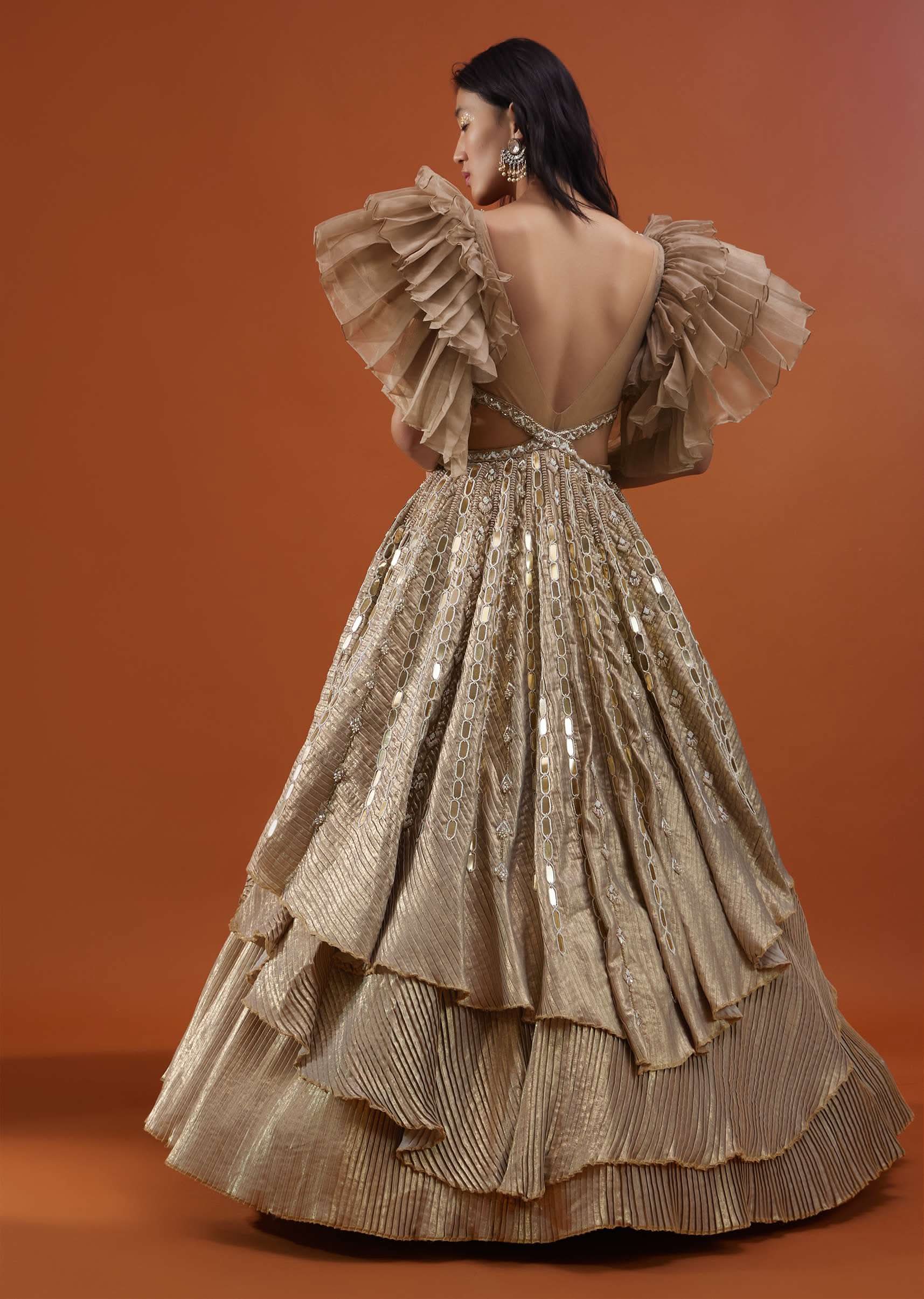 Gold Toned Embroidery Gown With Ruffle Sleeves - NOOR 2022 - Image 7