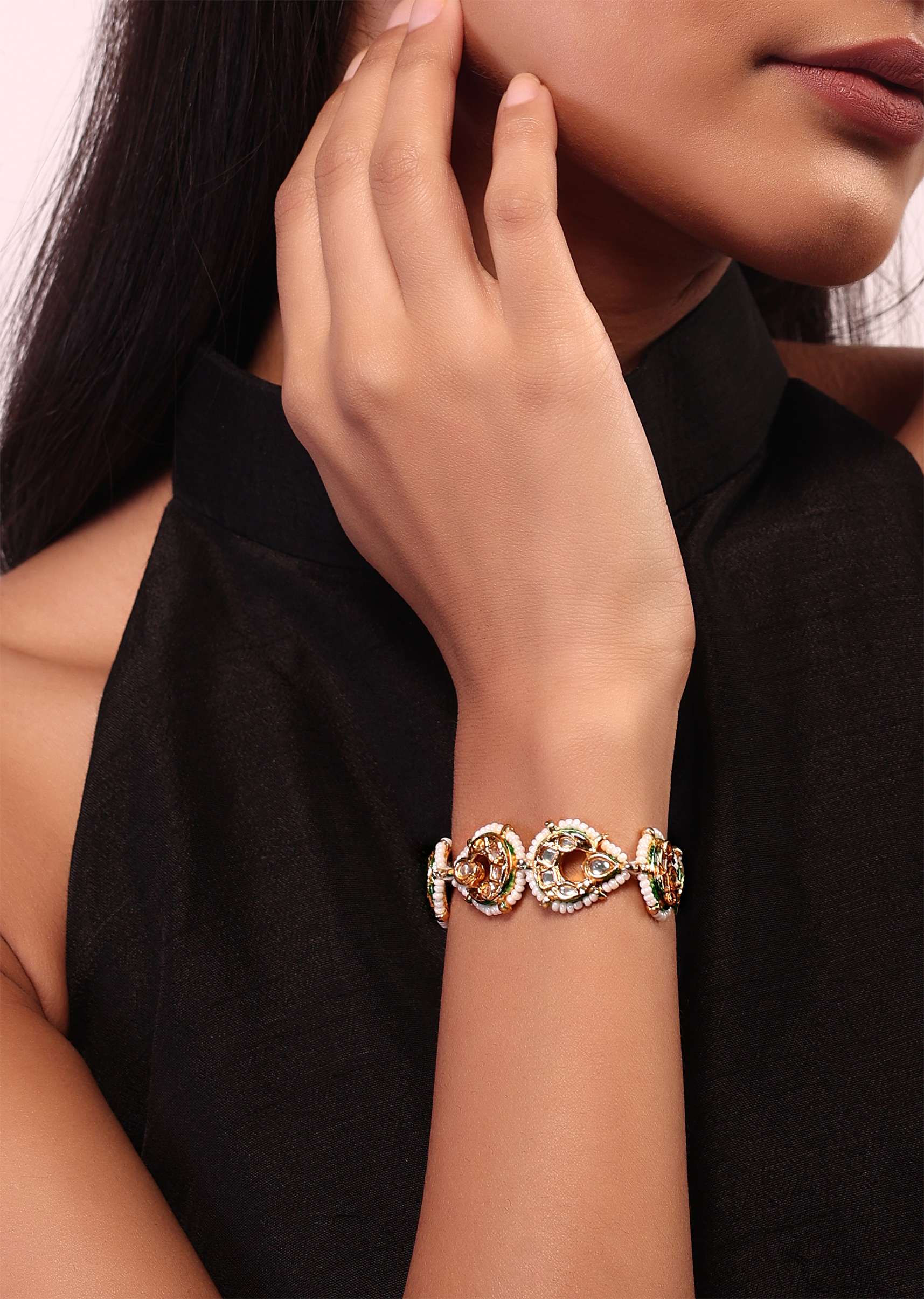 Gold Toned Kundan And Pearl Bracelet