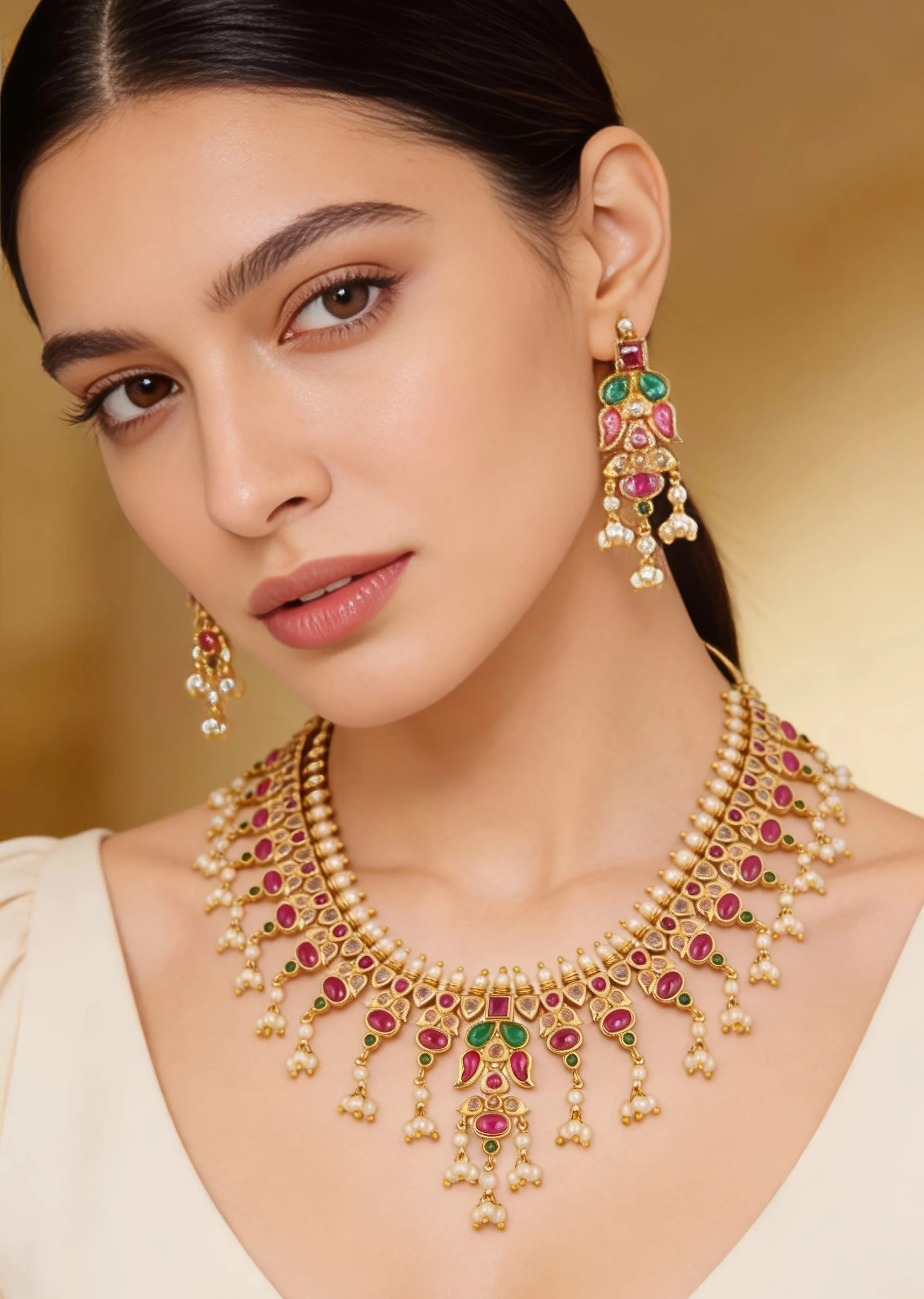 Gold Toned Necklace Set With Intricate Traditional Temple Motifs And Pink Green and White Simulated Stones