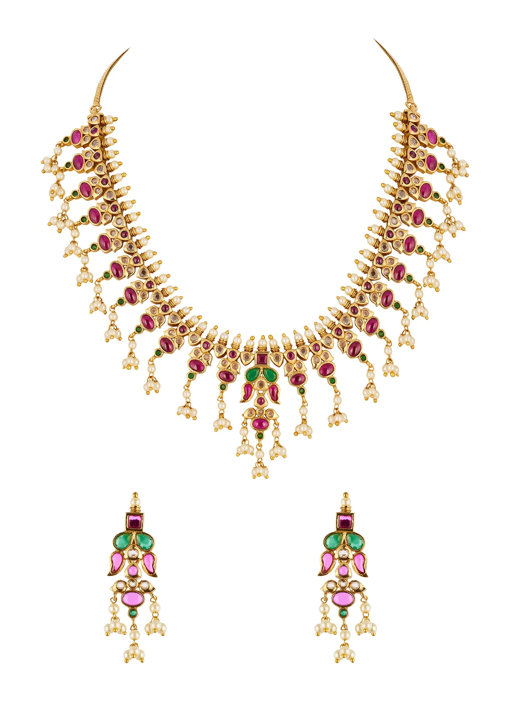 Gold Toned Necklace Set With Intricate Traditional Temple Motifs And Pink Green and White Simulated Stones - Image 2