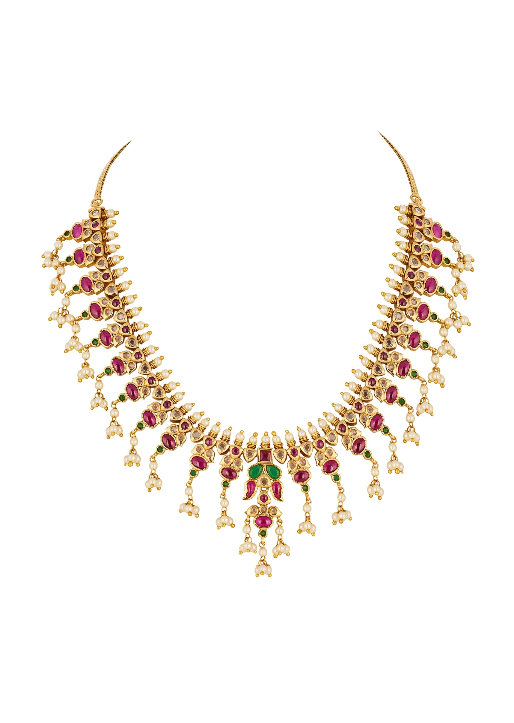 Gold Toned Necklace Set With Intricate Traditional Temple Motifs And Pink Green and White Simulated Stones - Image 3