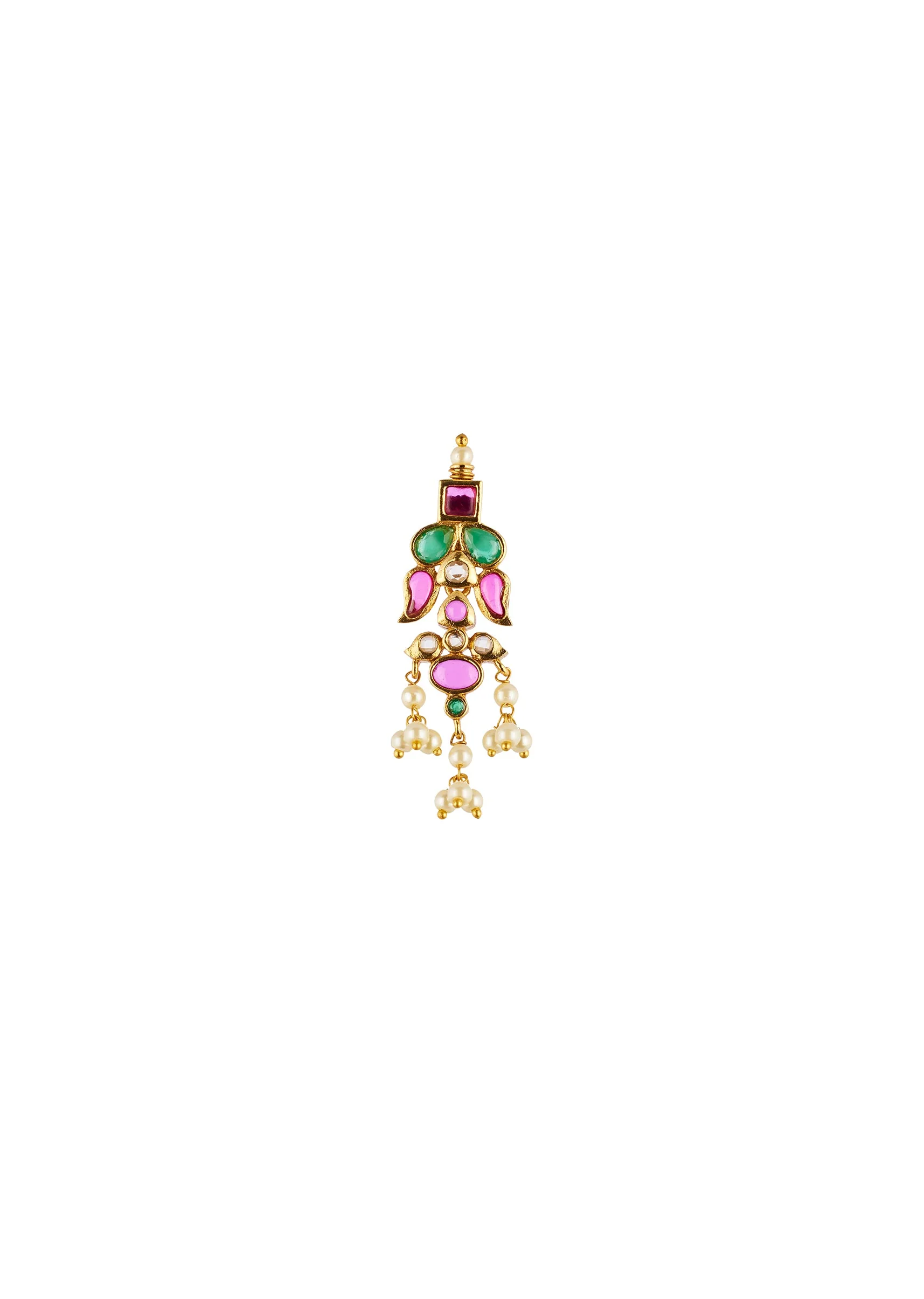 Gold Toned Necklace Set With Intricate Traditional Temple Motifs And Pink Green and White Simulated Stones - Image 5