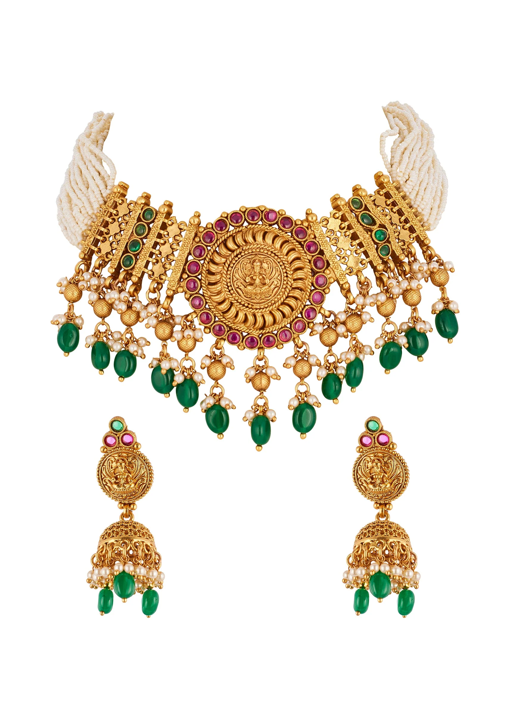 Gold Toned Necklace Set With Traditional Temple Motifs And Green White and Pink Simulated Stones - Image 2