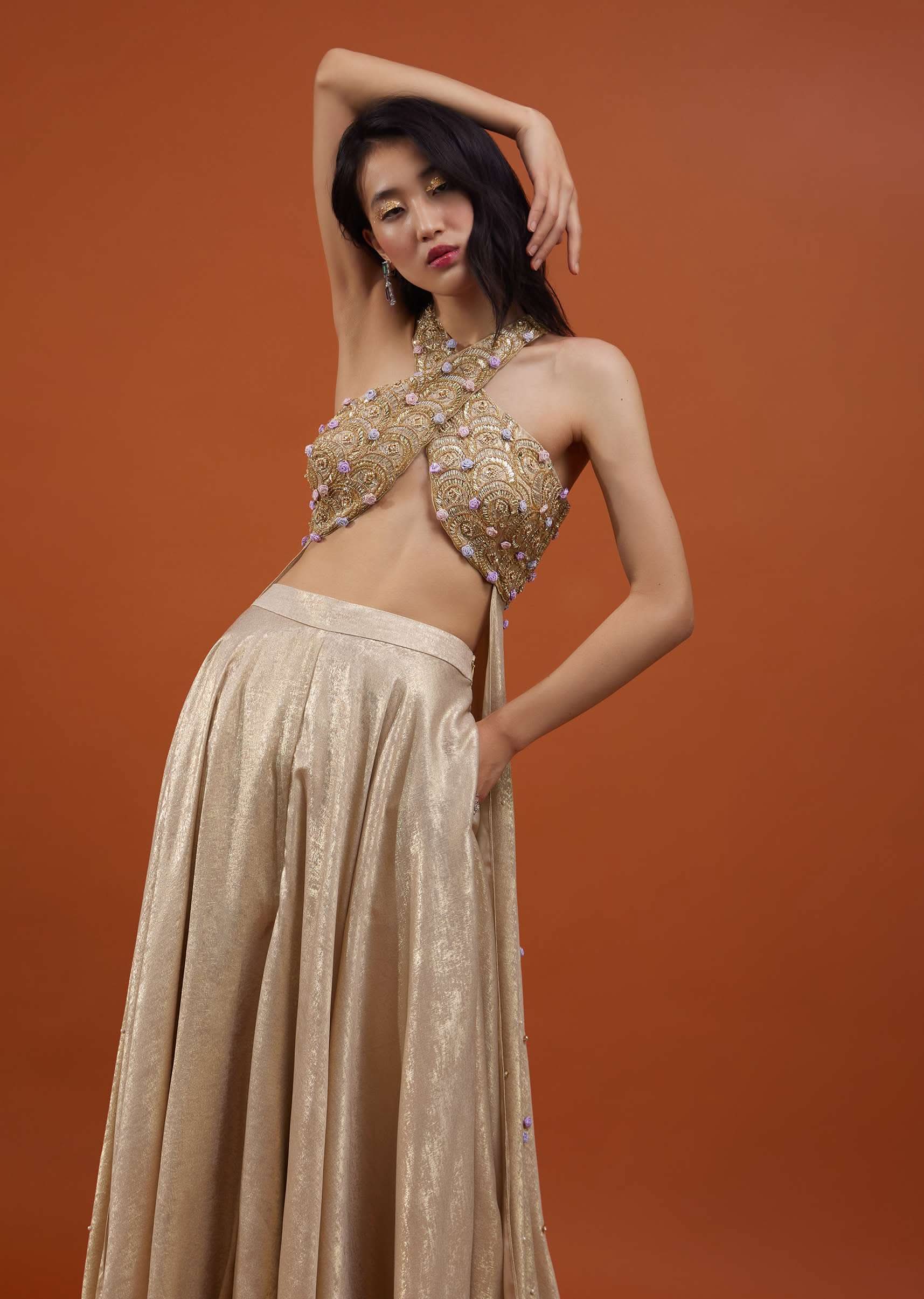 Gold Toned Palazzo Top In With Attached Cape - NOOR 2022 - Image 7