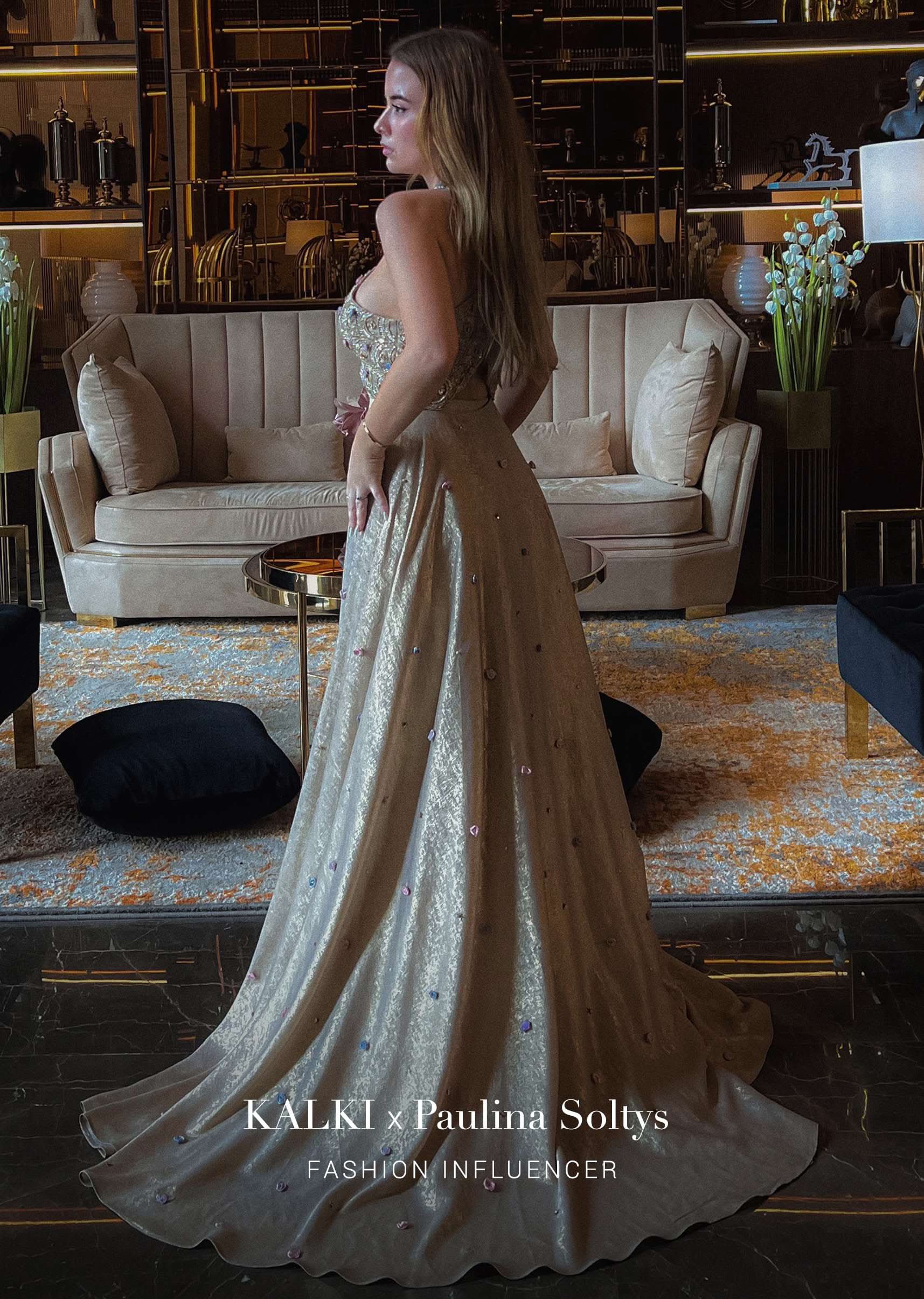 Gold Toned Palazzo Top In With Attached Cape - NOOR 2022 - Image 9