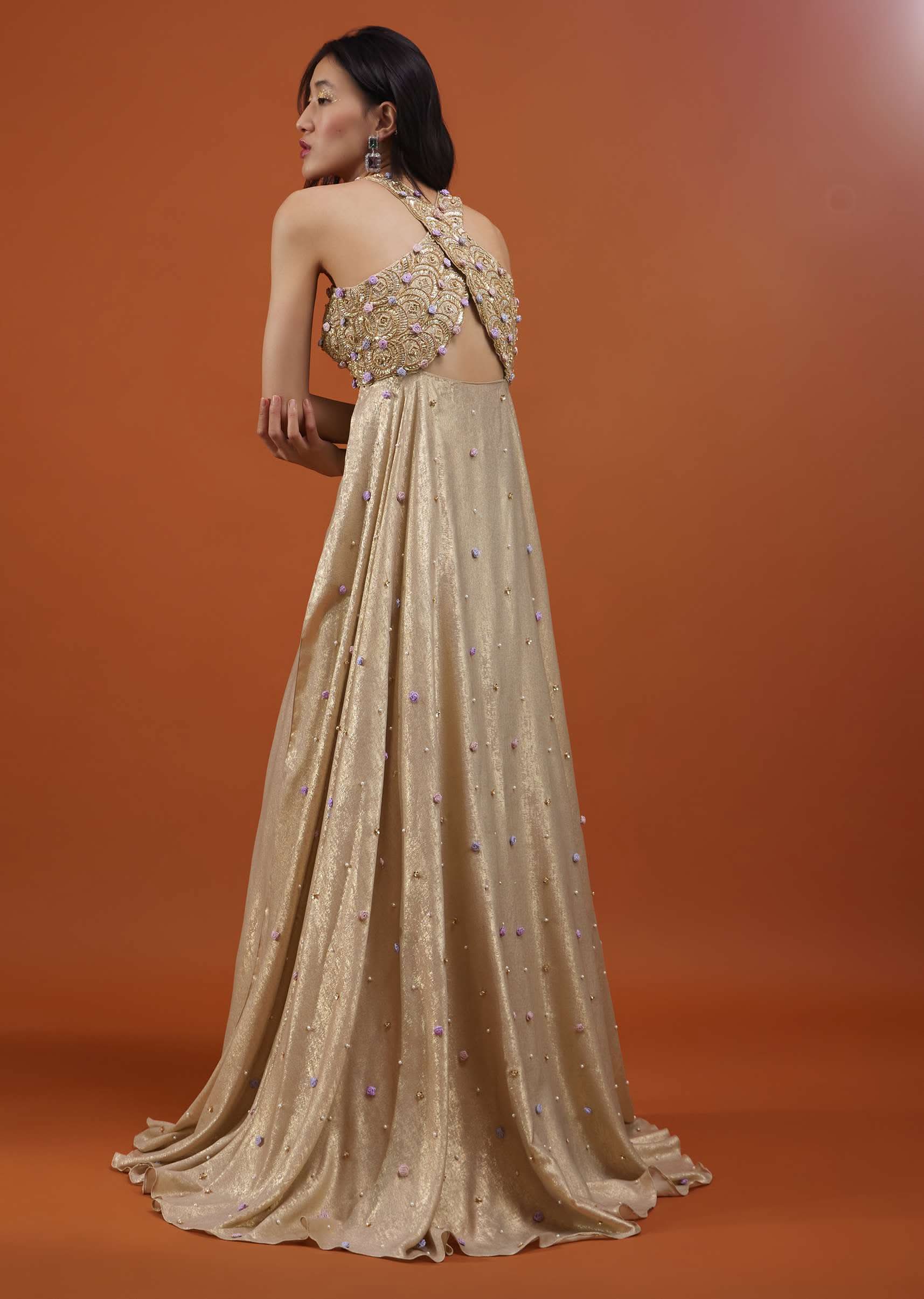 Gold Toned Palazzo Top In With Attached Cape - NOOR 2022 - Image 5