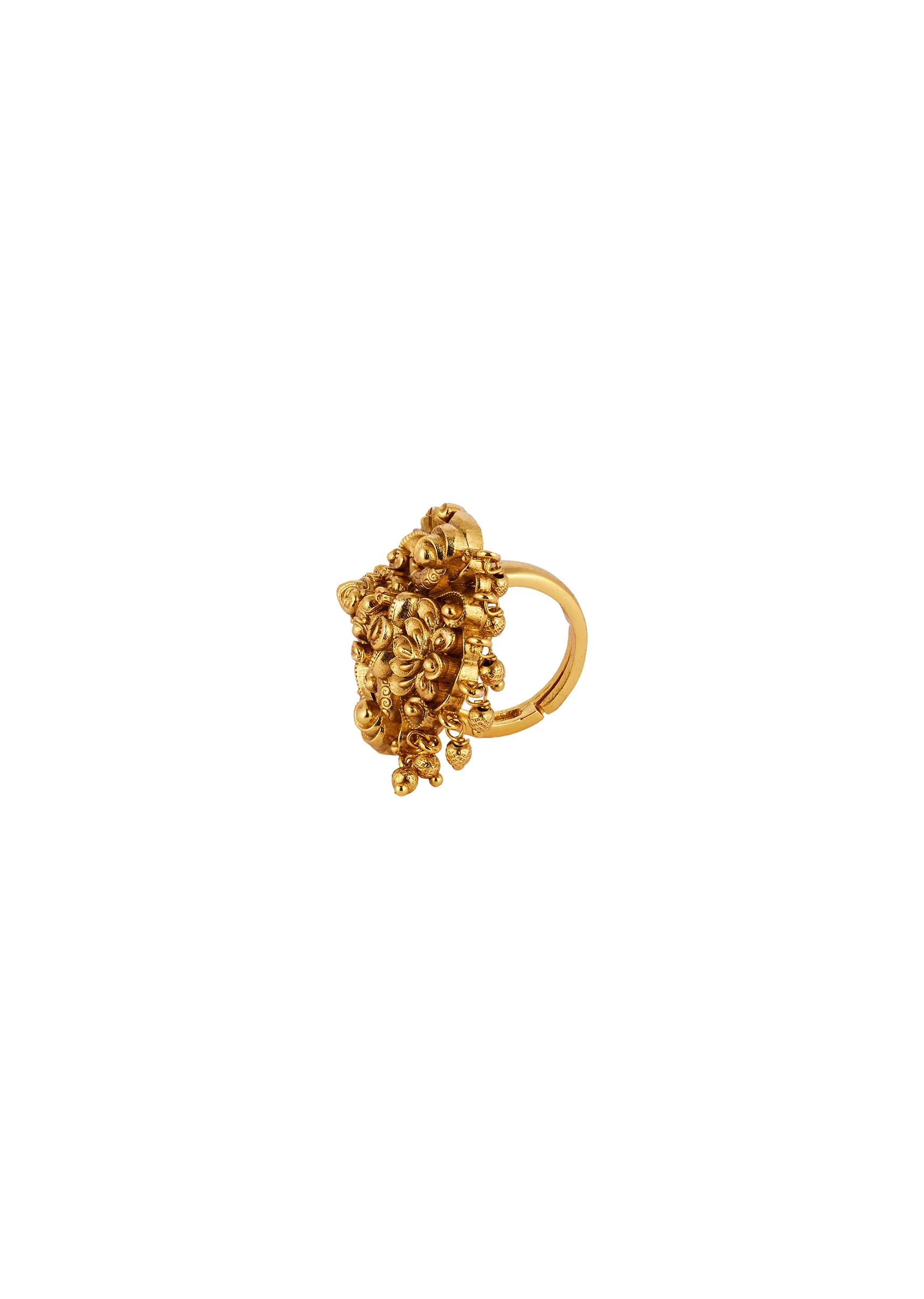 Gold Toned Ring With Temple Style Motifs - Image 3