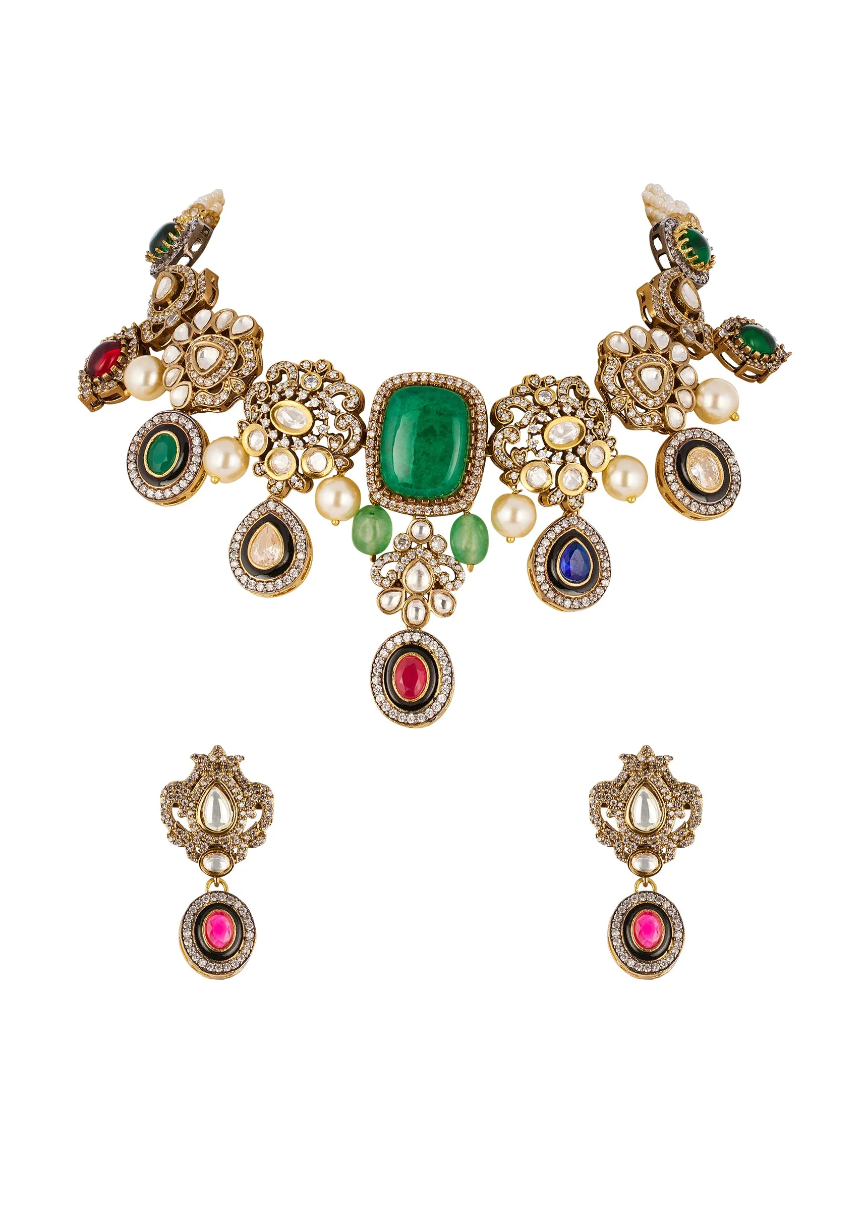 Gold Traditional Mordern Polki Necklace Set with Faux Simulated Coloured Stones