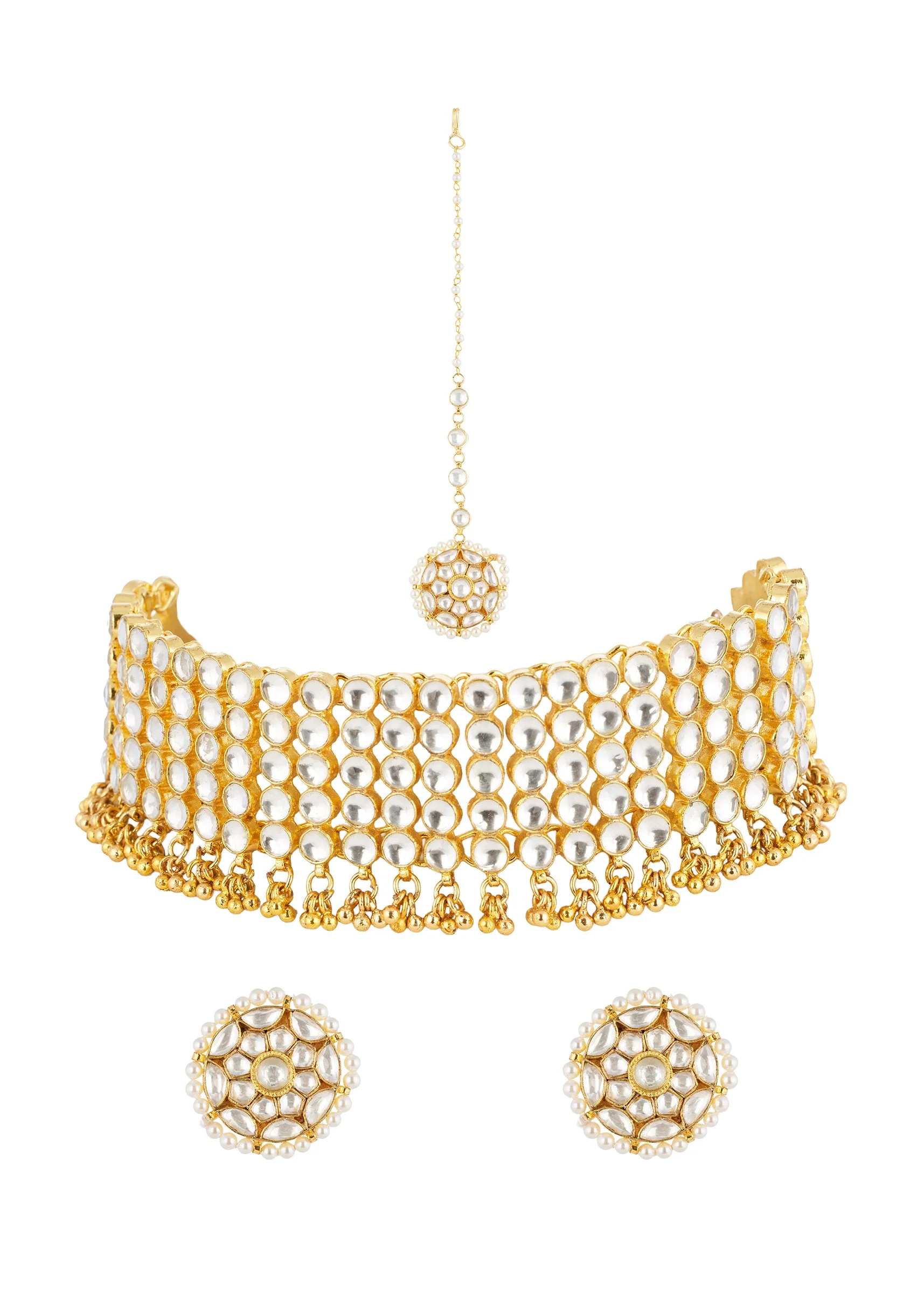 Gold White Necklace Set With Refined Kundan Detail - Image 2