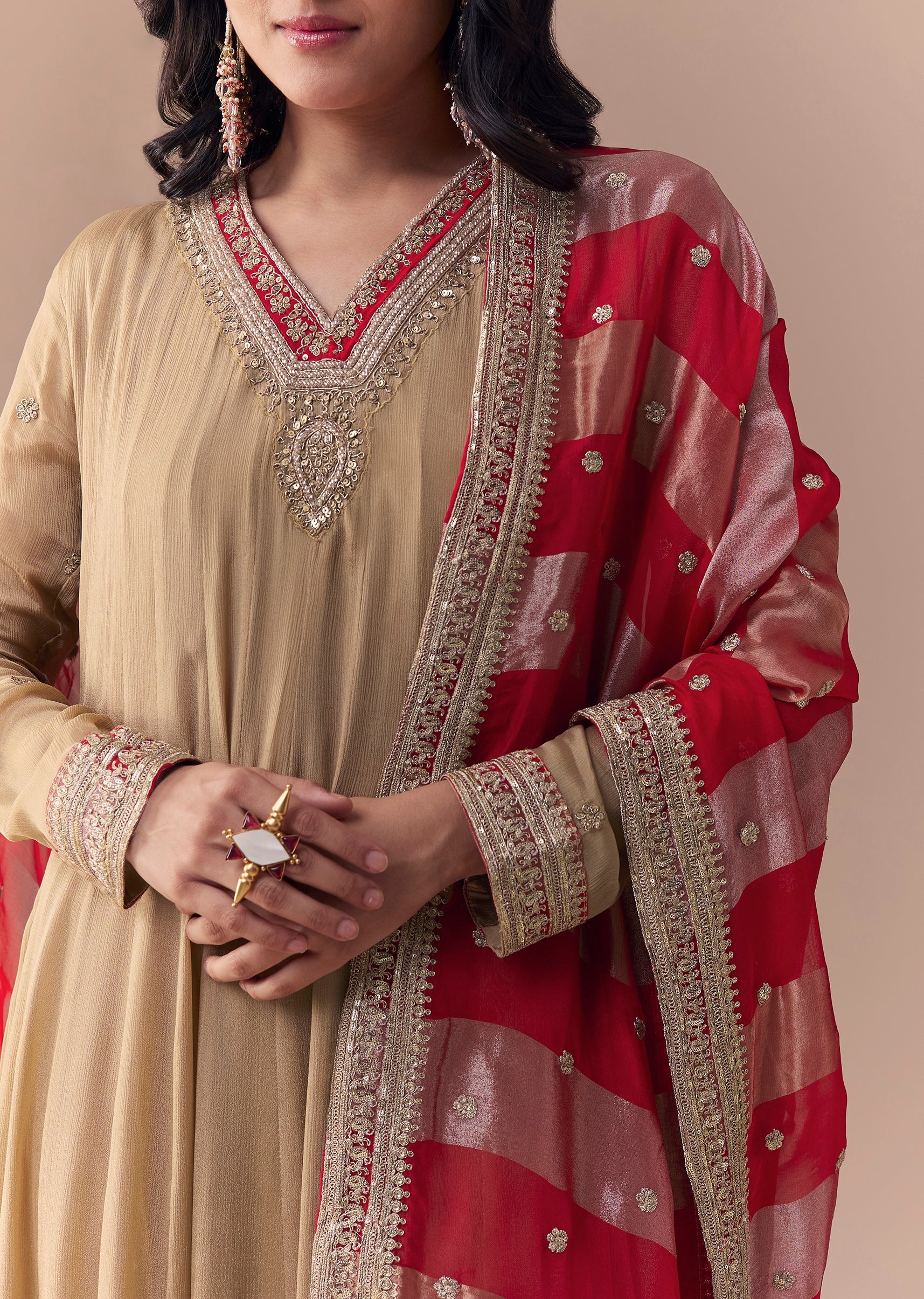 Gold Zardozi Embellished Anarkali with Dupatta - Image 2
