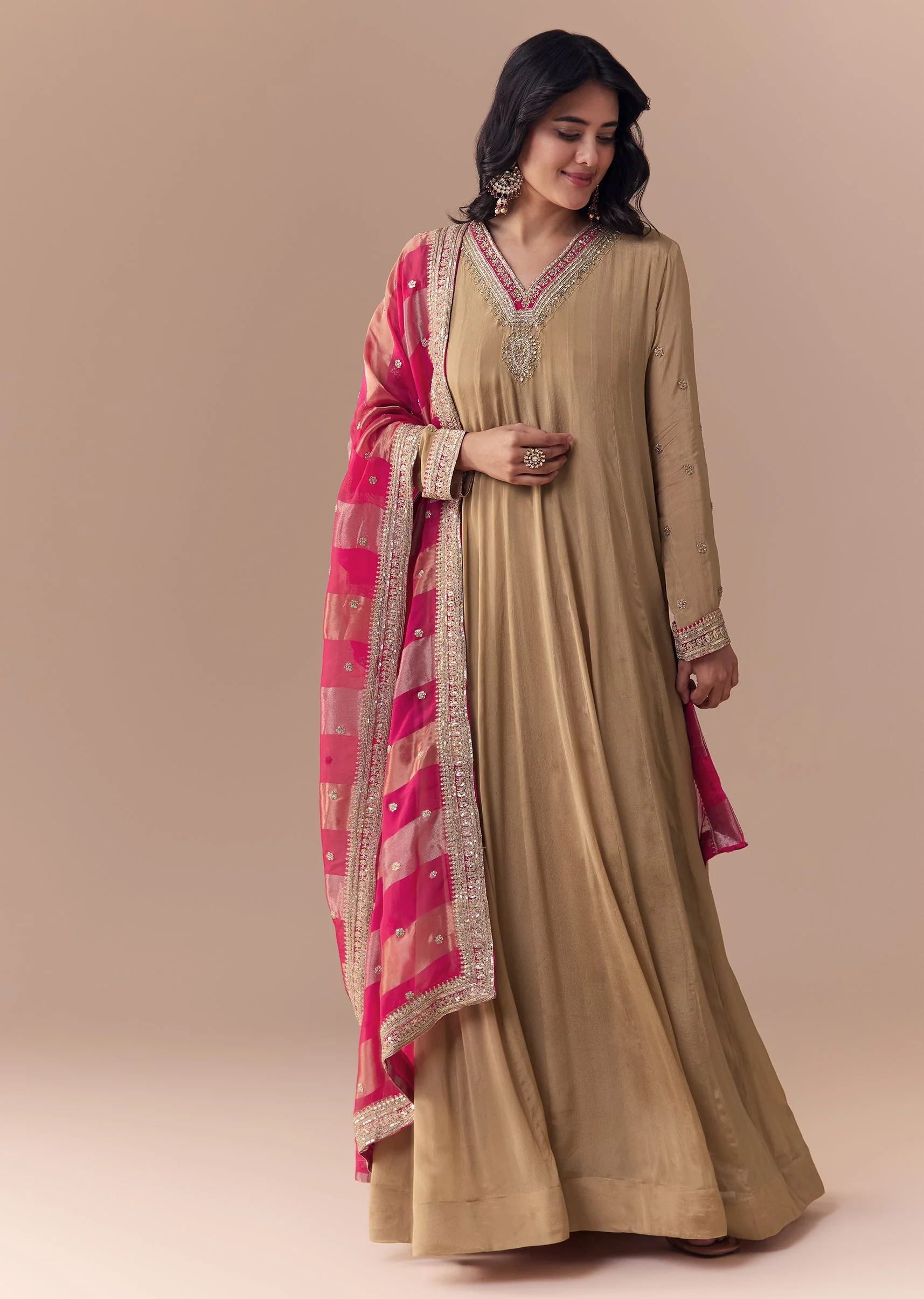Gold Zardozi Embellished Chinon Anarkali with Dupatta