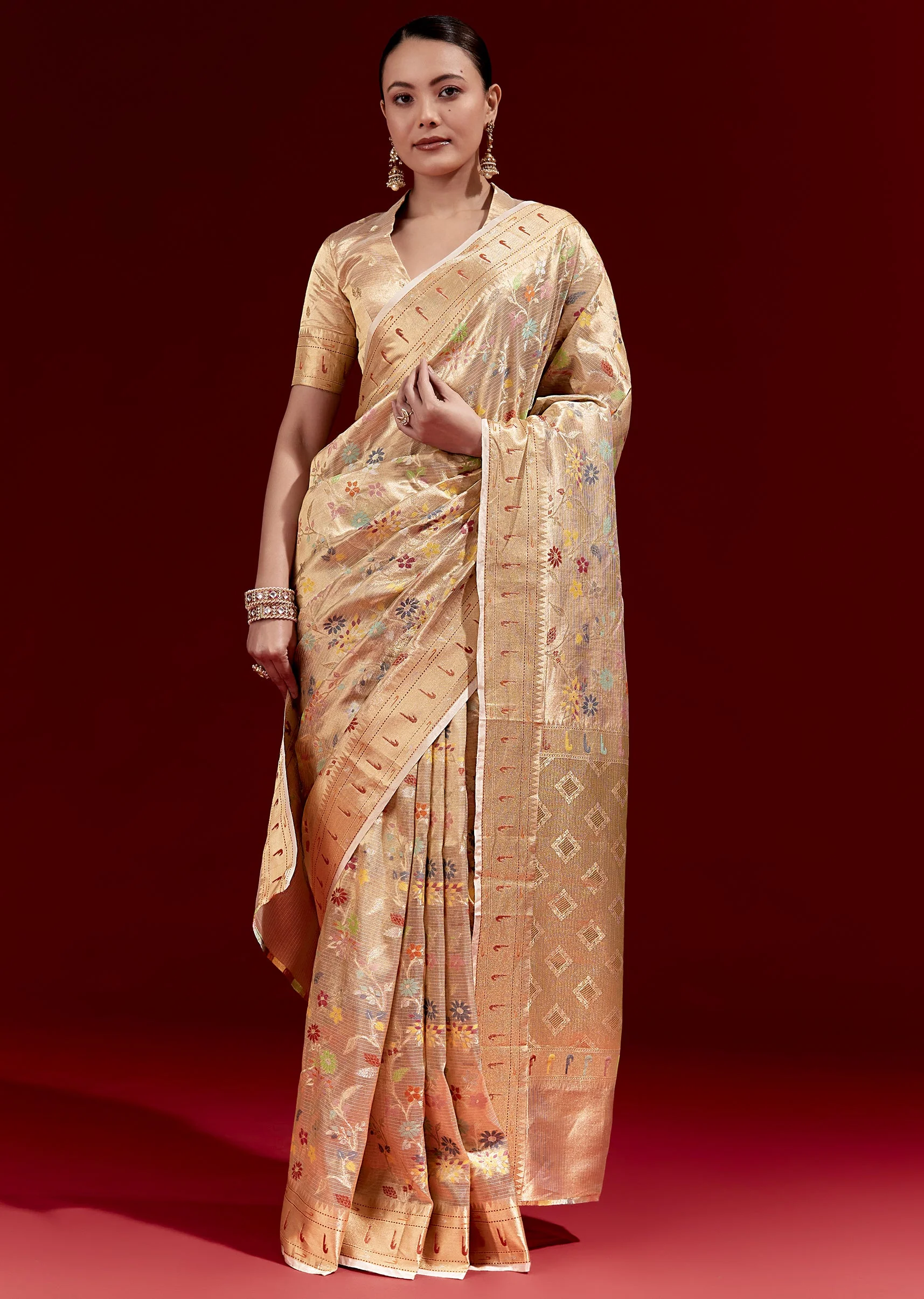 Golden Banarasi Tissue Saree With Multicolour Floral Weave And Paithani Motif Border - Image 3