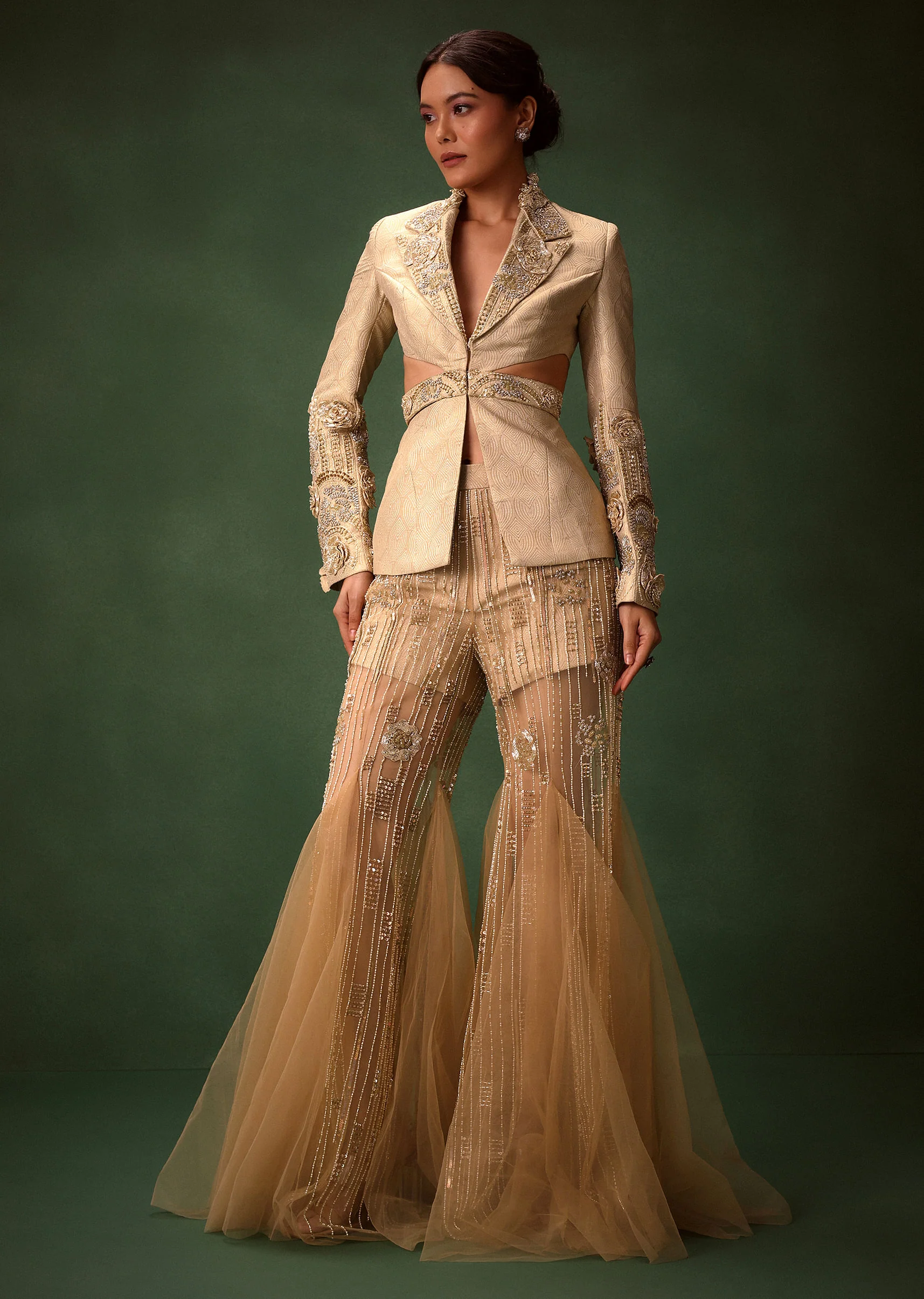 Golden Brocade Palazzo Suit With Frills - Image 4