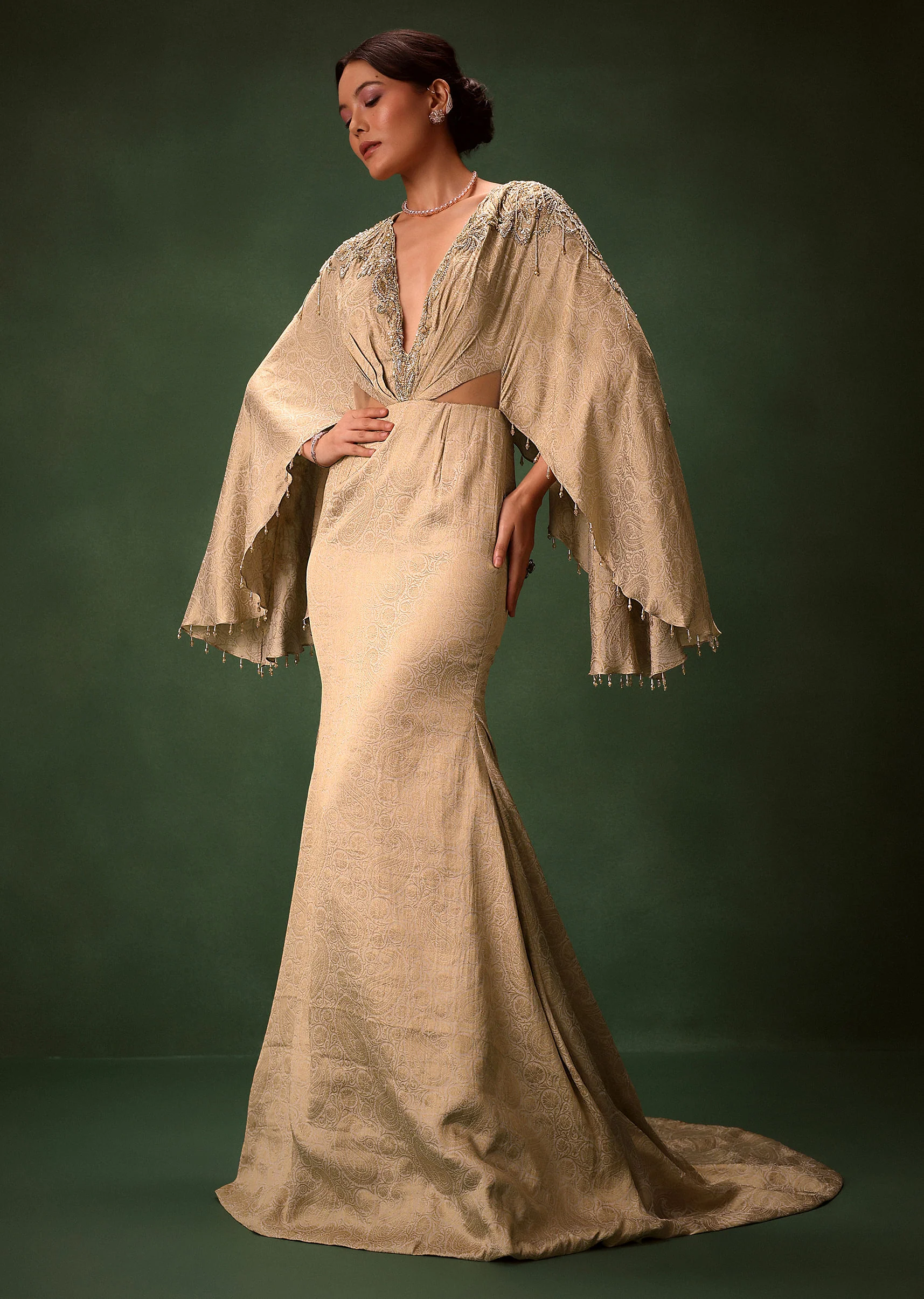 Golden Chiffon Silk Jacquard Kaftan - Image 4