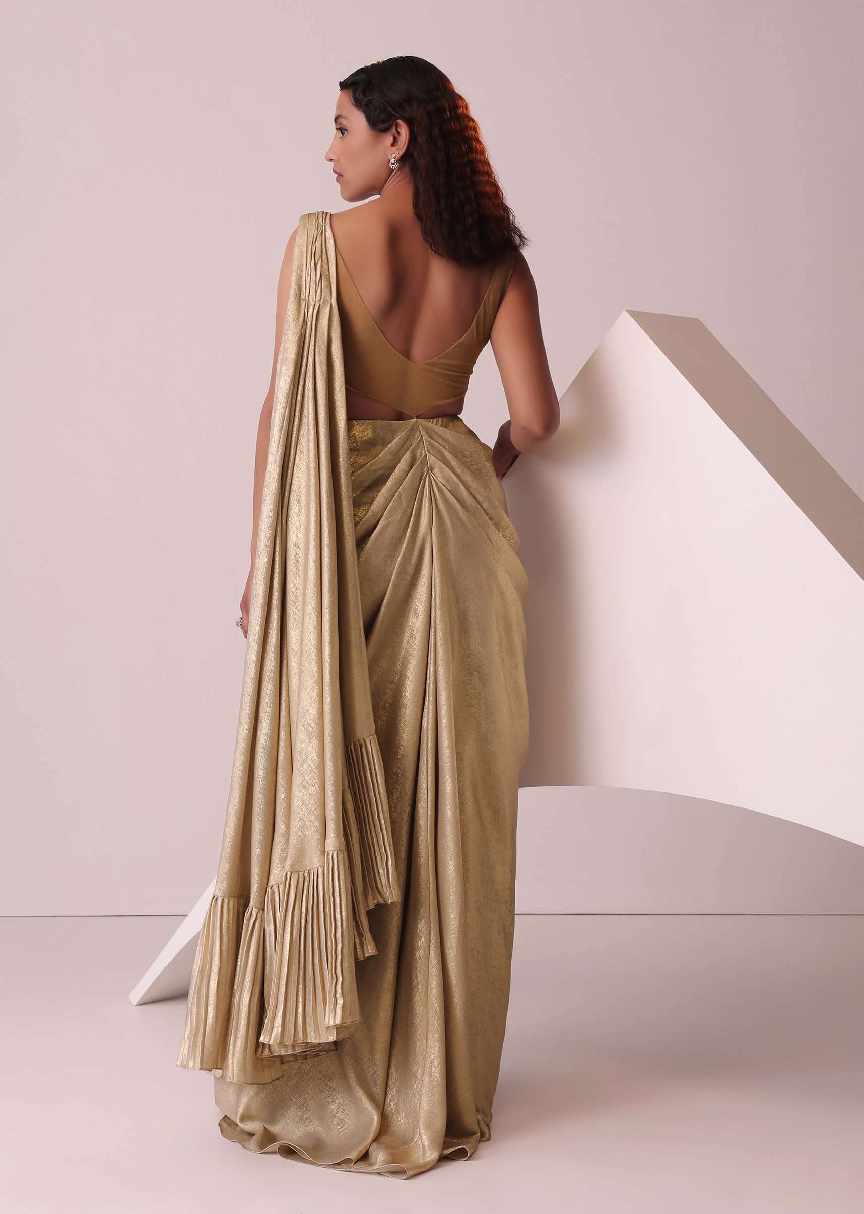 Golden Ready-To-Wear Embroidered Saree Gown In Gold Foil Fabric - Image 5