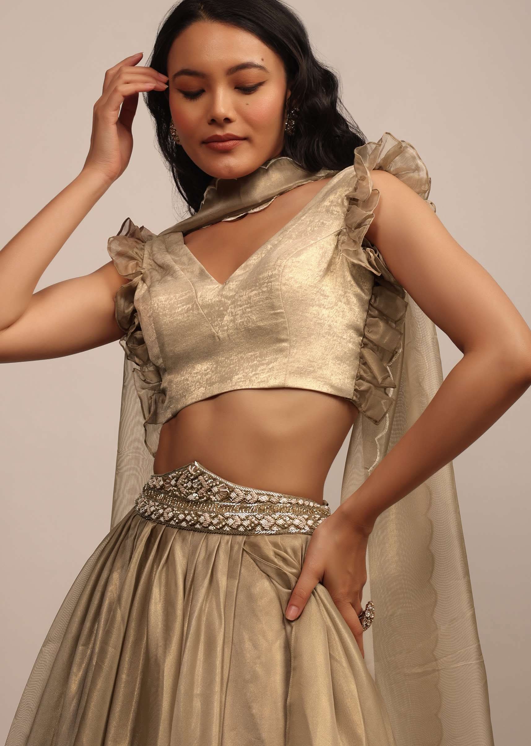 Golden Sleeveless Blouse In Satin Glam Gold With Ruffle Sleeve Frill