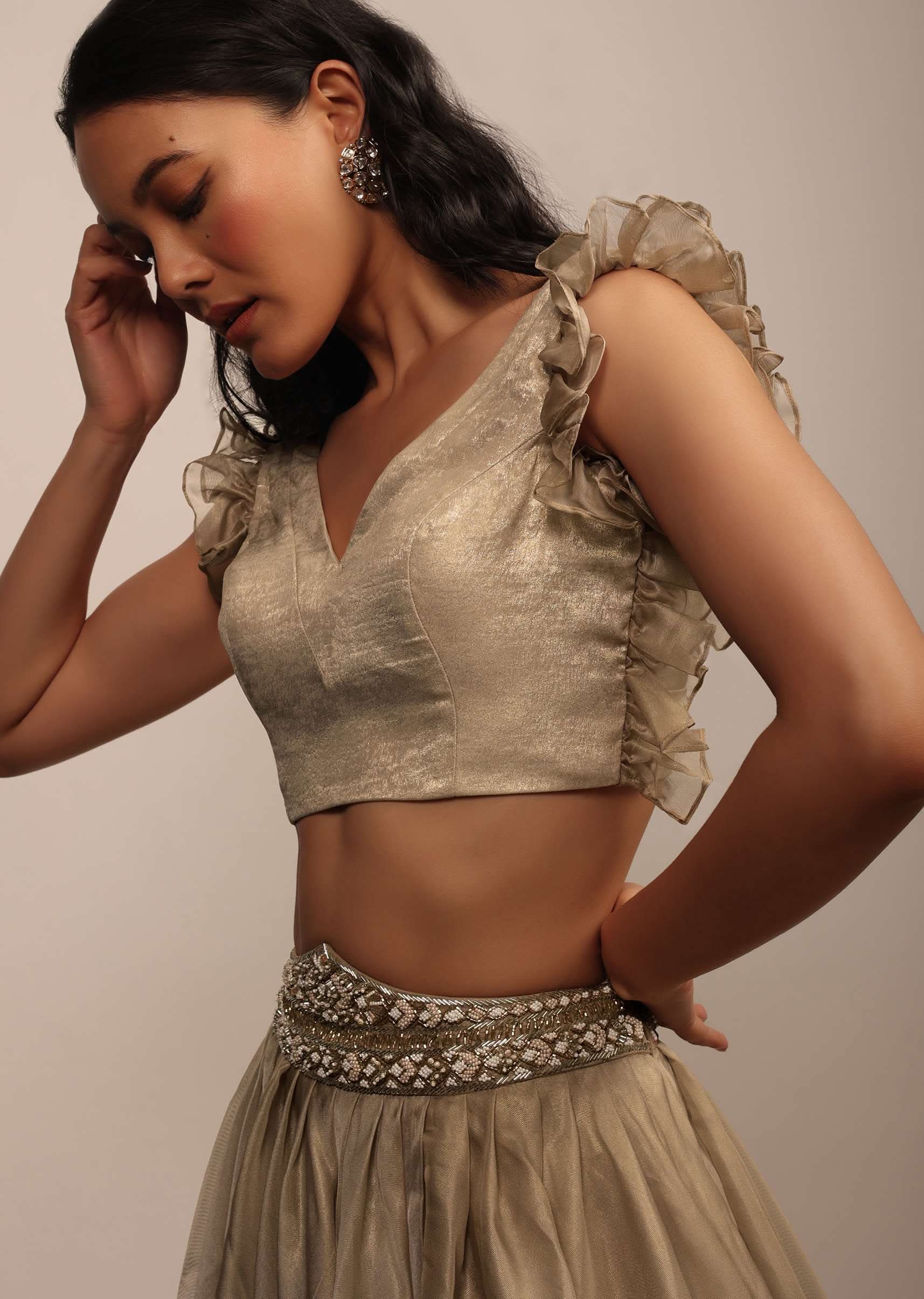 Golden Sleeveless Blouse In Satin Glam Gold With Ruffle Sleeve Frill - Image 3