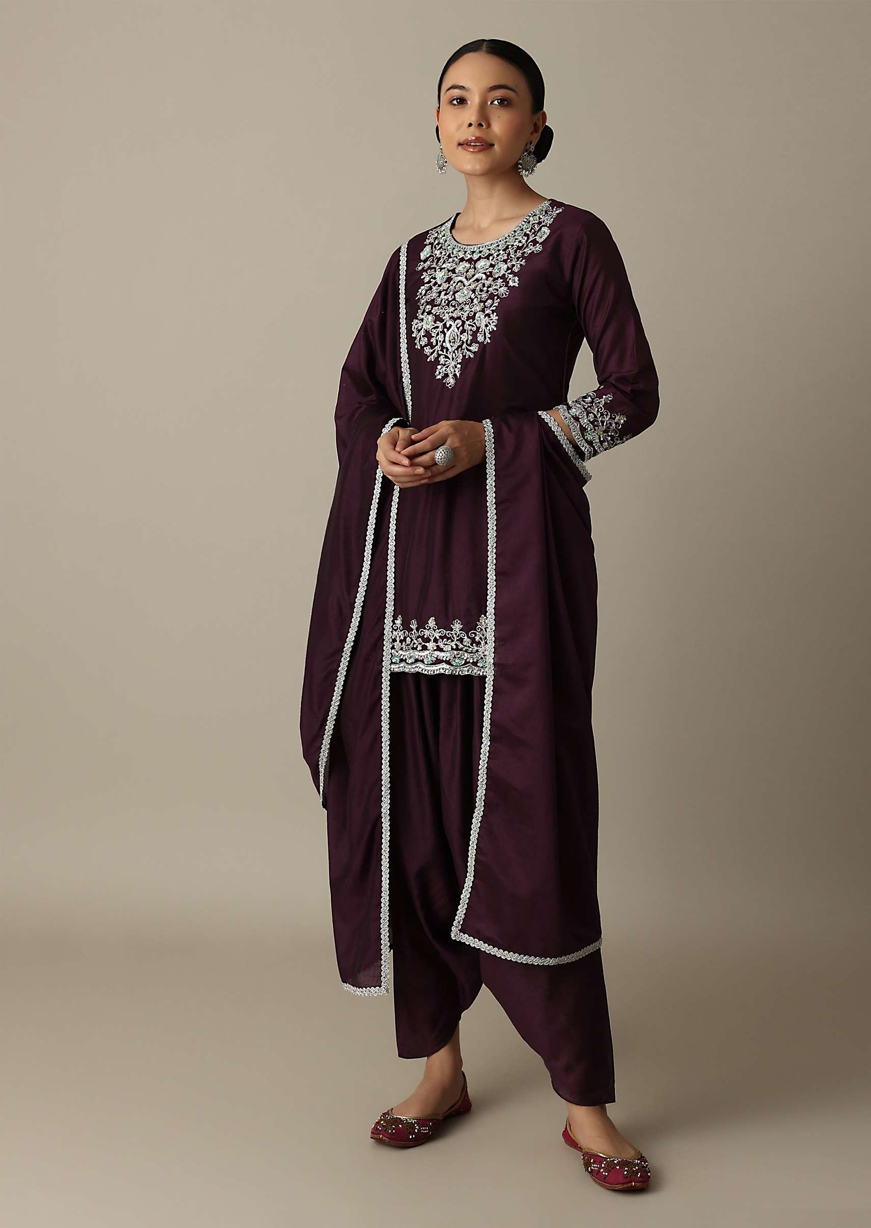 Gorgeous Wine Embroidered Silk Kurta Set - Image 3