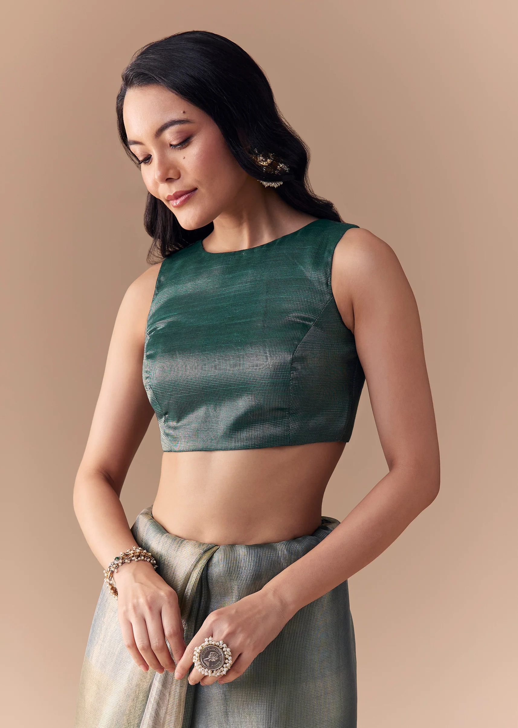 Graceful Couple Set – Teal Green Organza Silk Saree For Her And Green Modal Kurta Set With Hand Embroidery For Him - Image 7