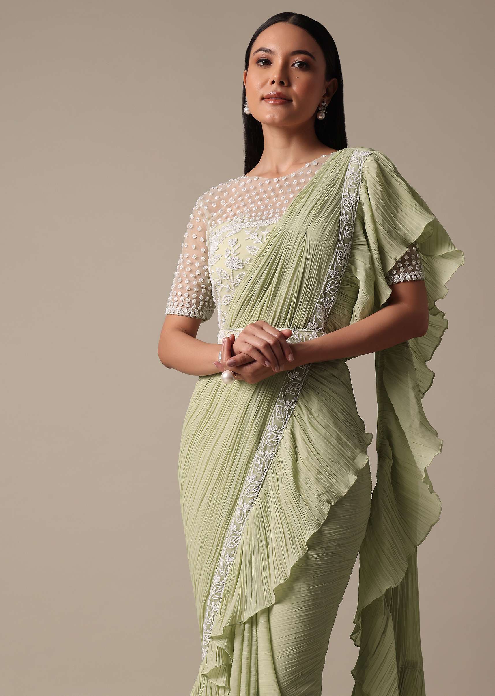 Graceful Green Pre Drape Saree With Ready Made Blouse - Image 4