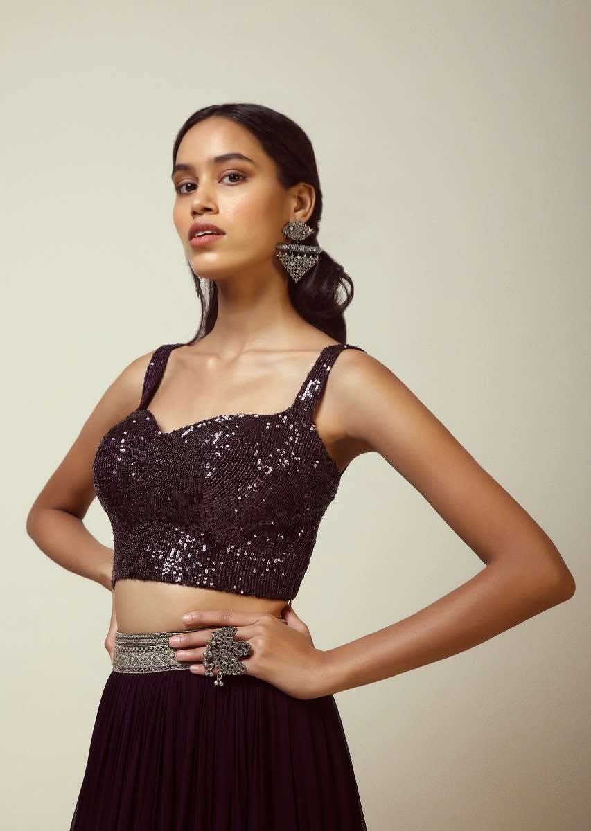 Grape Purple Sleeveless Blouse With Sweetheart Neckline And Heavily Embellished In Shimmering Sequins - Image 2