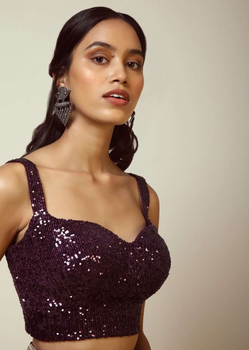 Grape Purple Sleeveless Blouse With Sweetheart Neckline And Heavily Embellished In Shimmering Sequins - Image 3