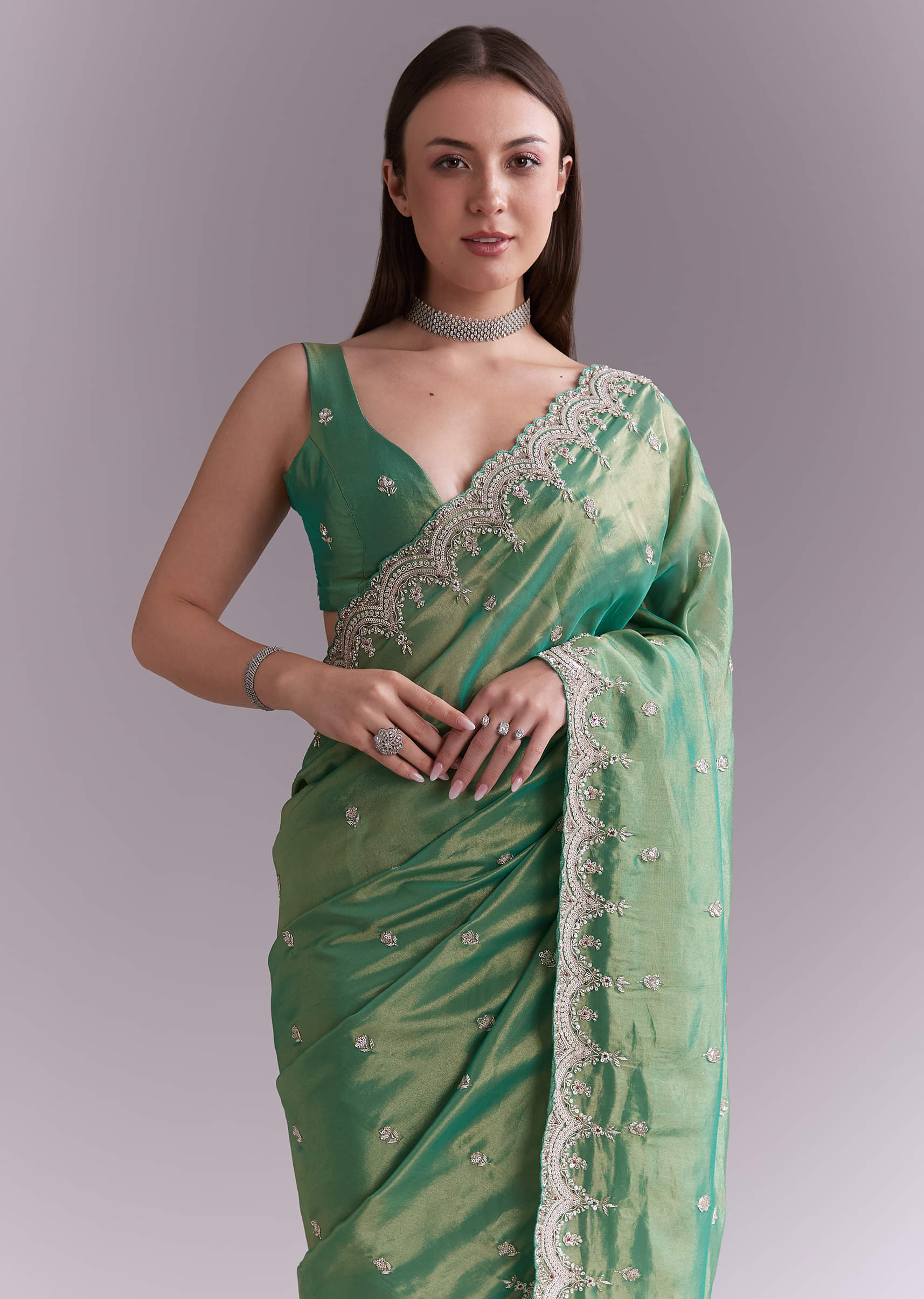 Grass Green Silk Saree With Heavy Hand Embroidery - Image 5