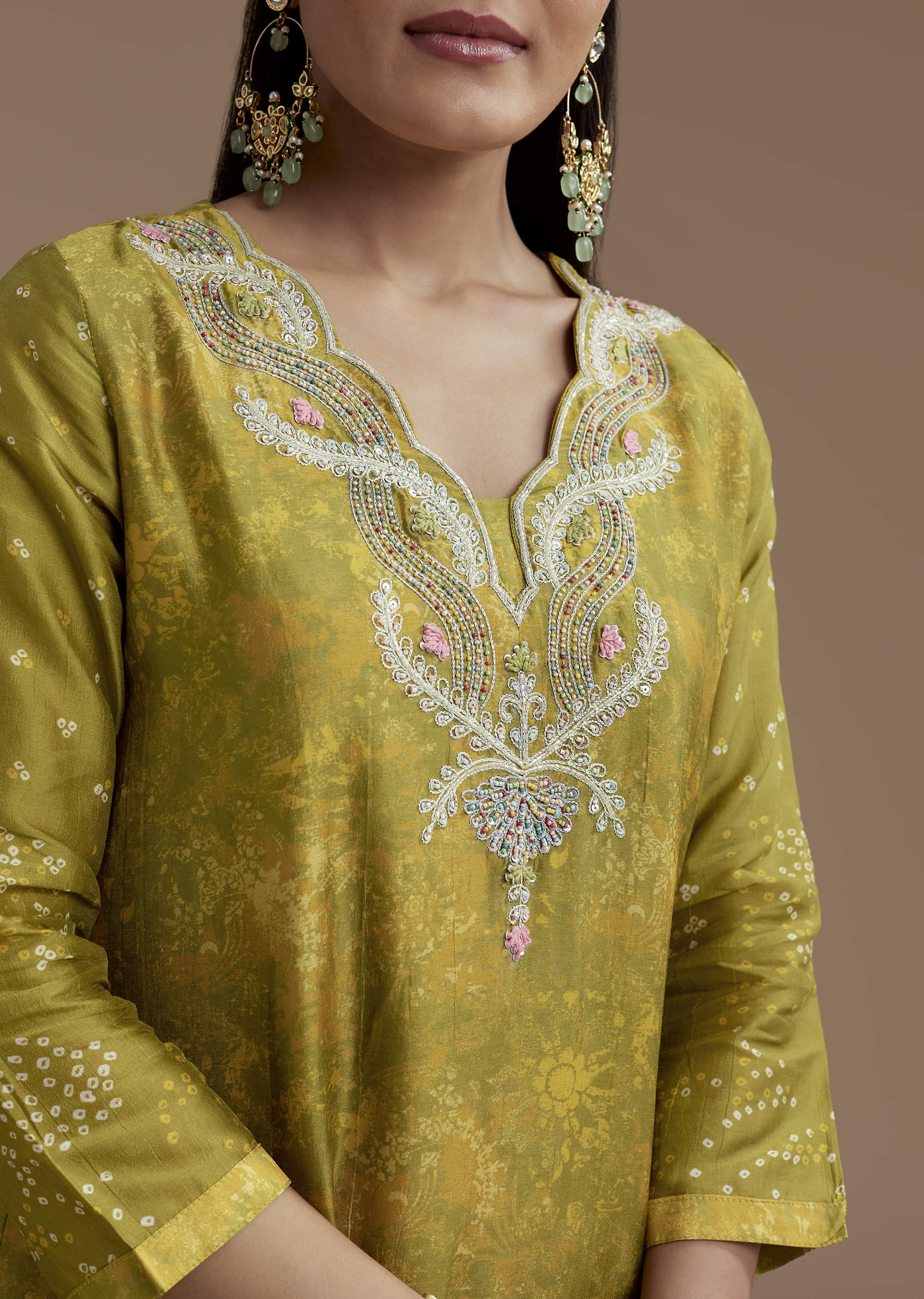 Green Abstract Print Silk Kurta and Palazzo Set - Image 2