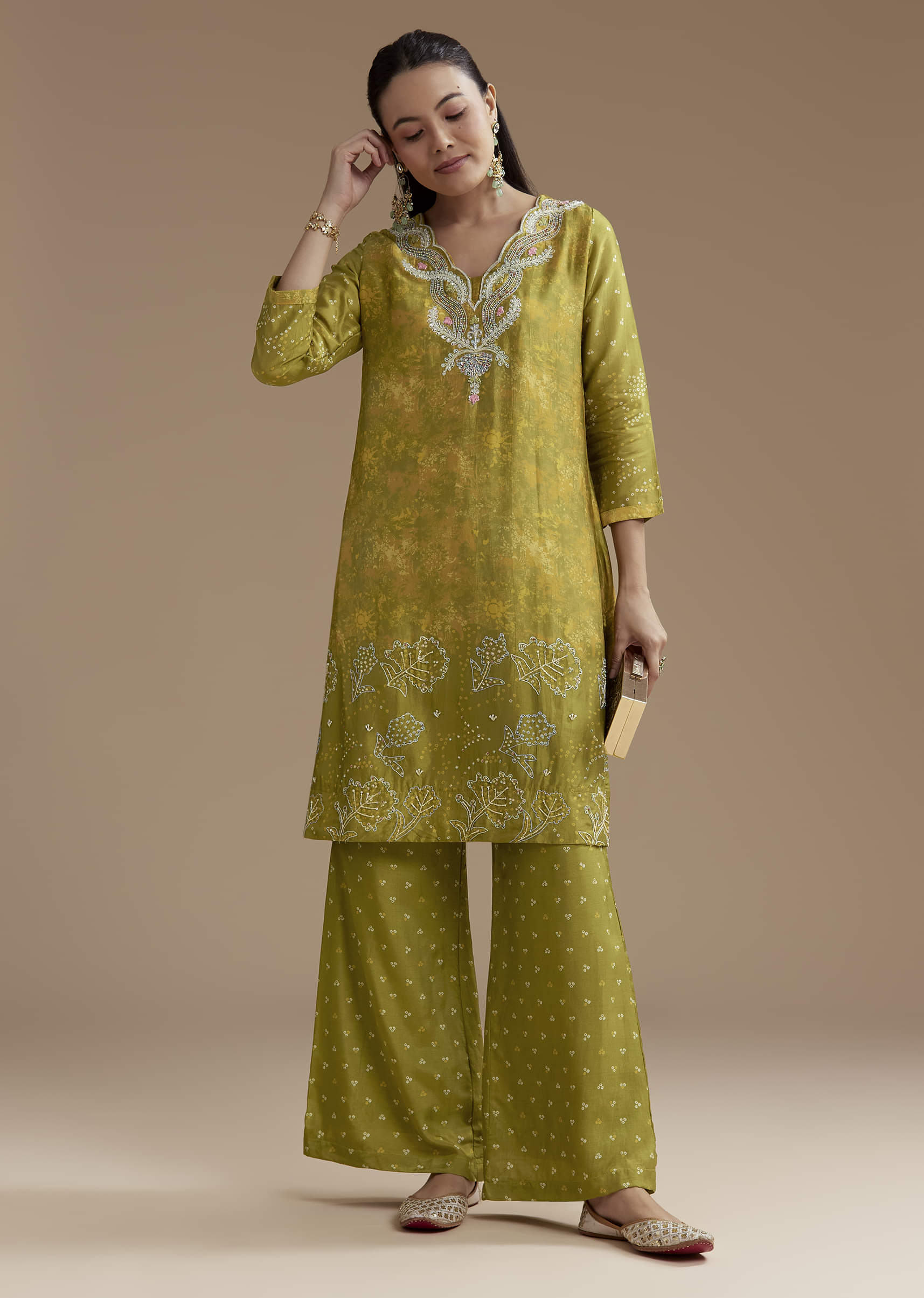 Green Abstract Print Silk Kurta and Palazzo Set - Image 3