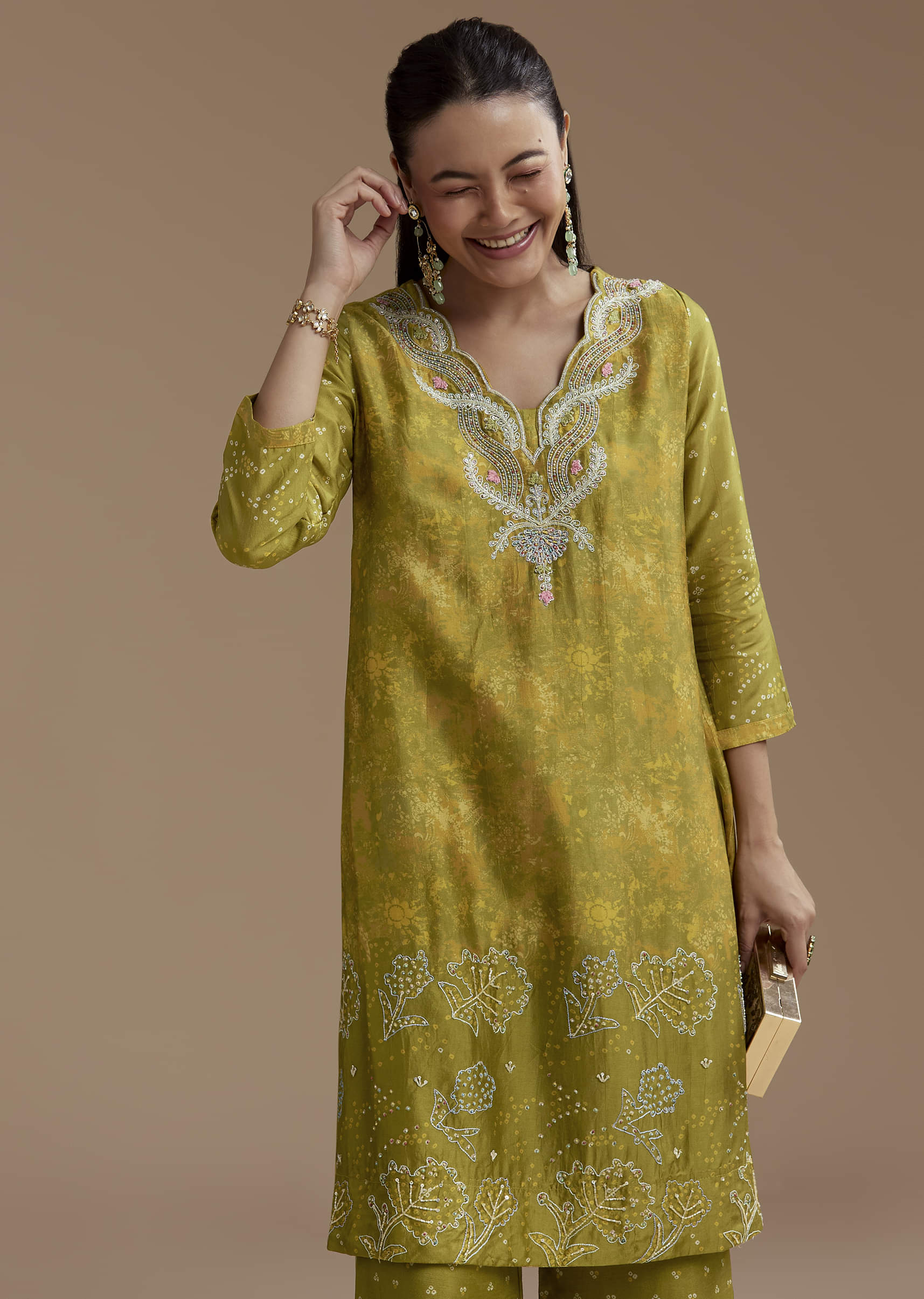 Green Abstract Print Silk Kurta and Palazzo Set - Image 4