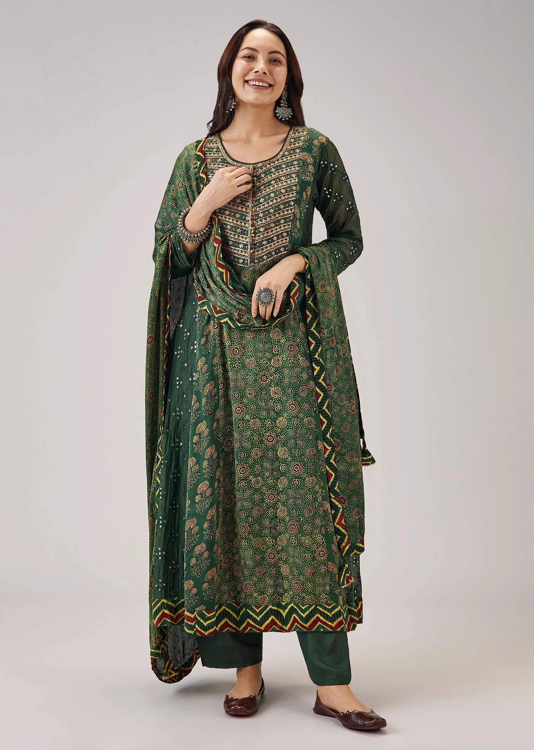 Green Ajrakh Printed Modal Silk Anarkali Set With Dupatta - Image 3