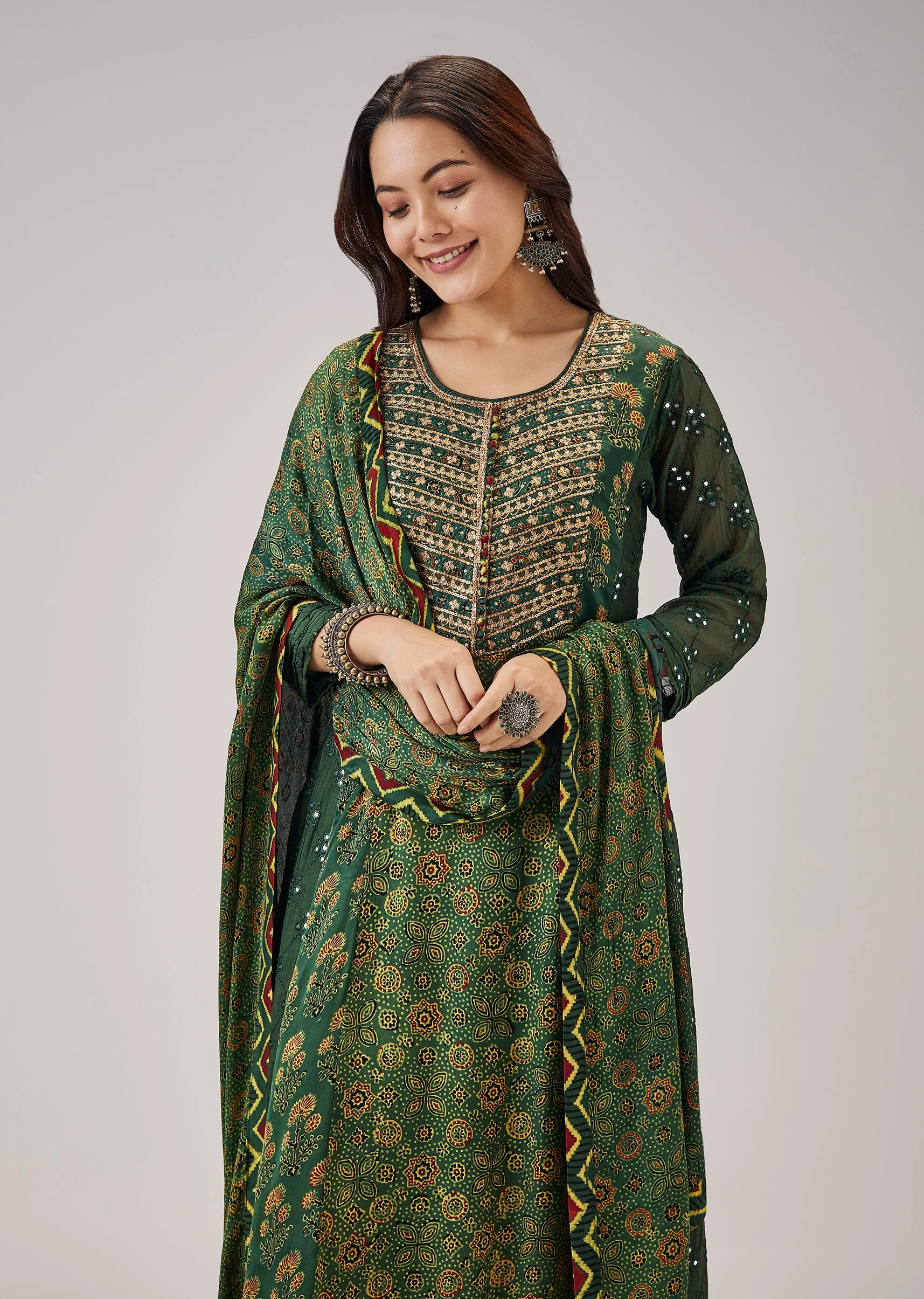 Green Ajrakh Printed Modal Silk Anarkali Set With Dupatta - Image 4