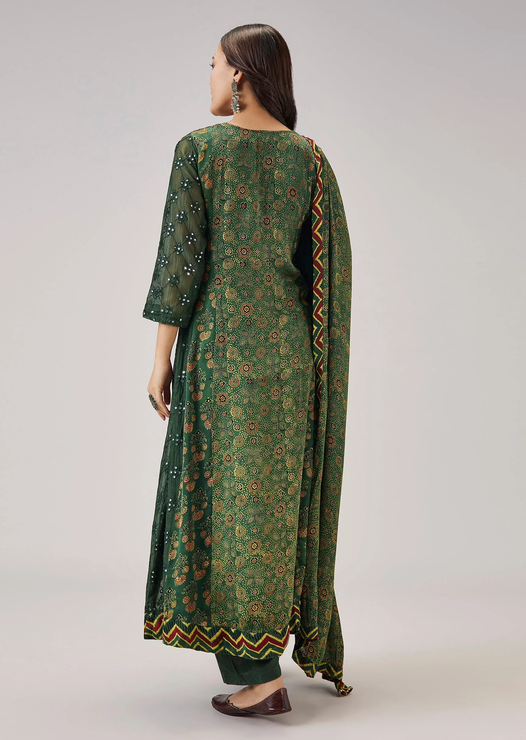 Green Ajrakh Printed Modal Silk Anarkali Set With Dupatta - Image 5