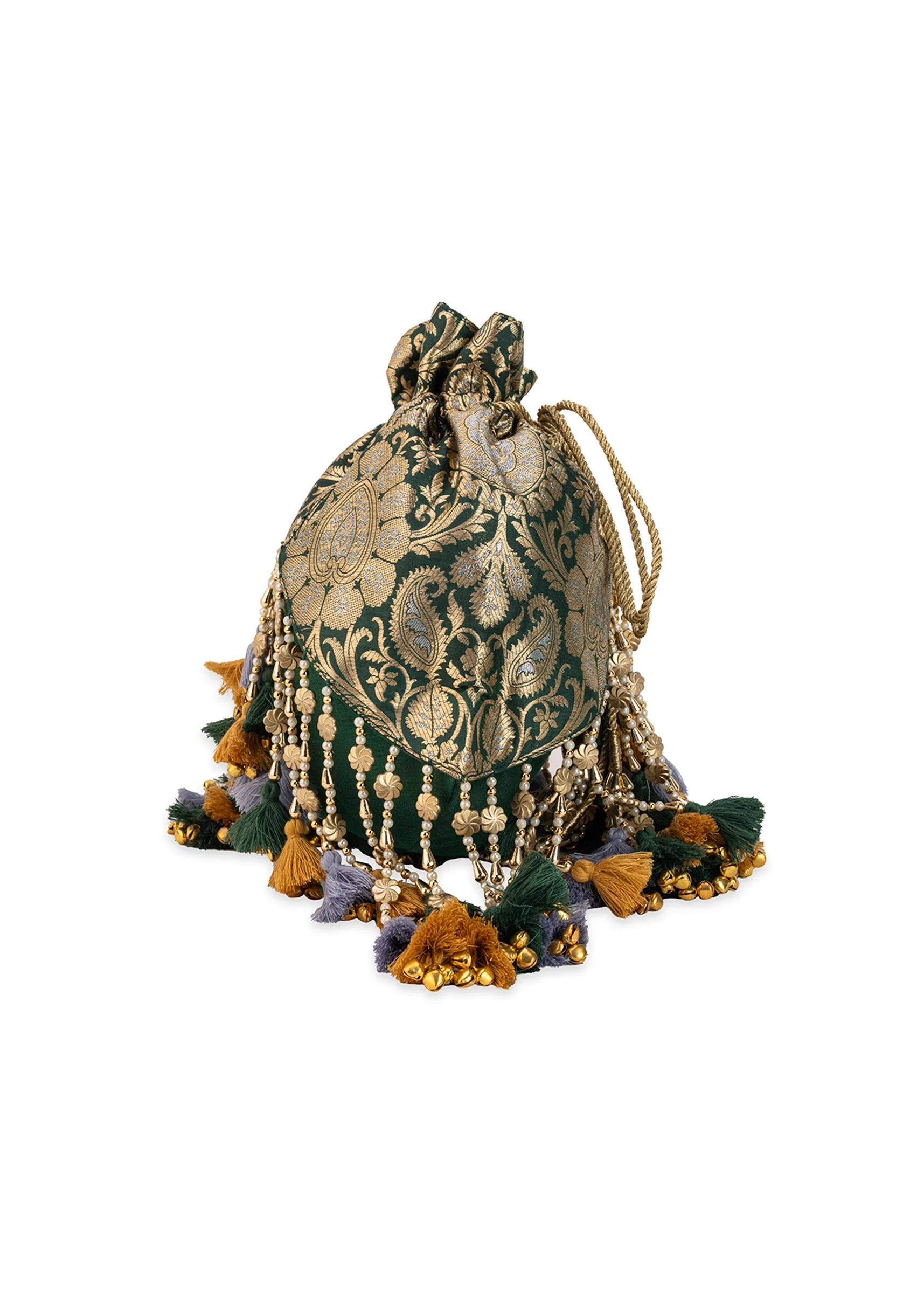 Green and Gold Embellished Tassel Potli Bag - Image 4