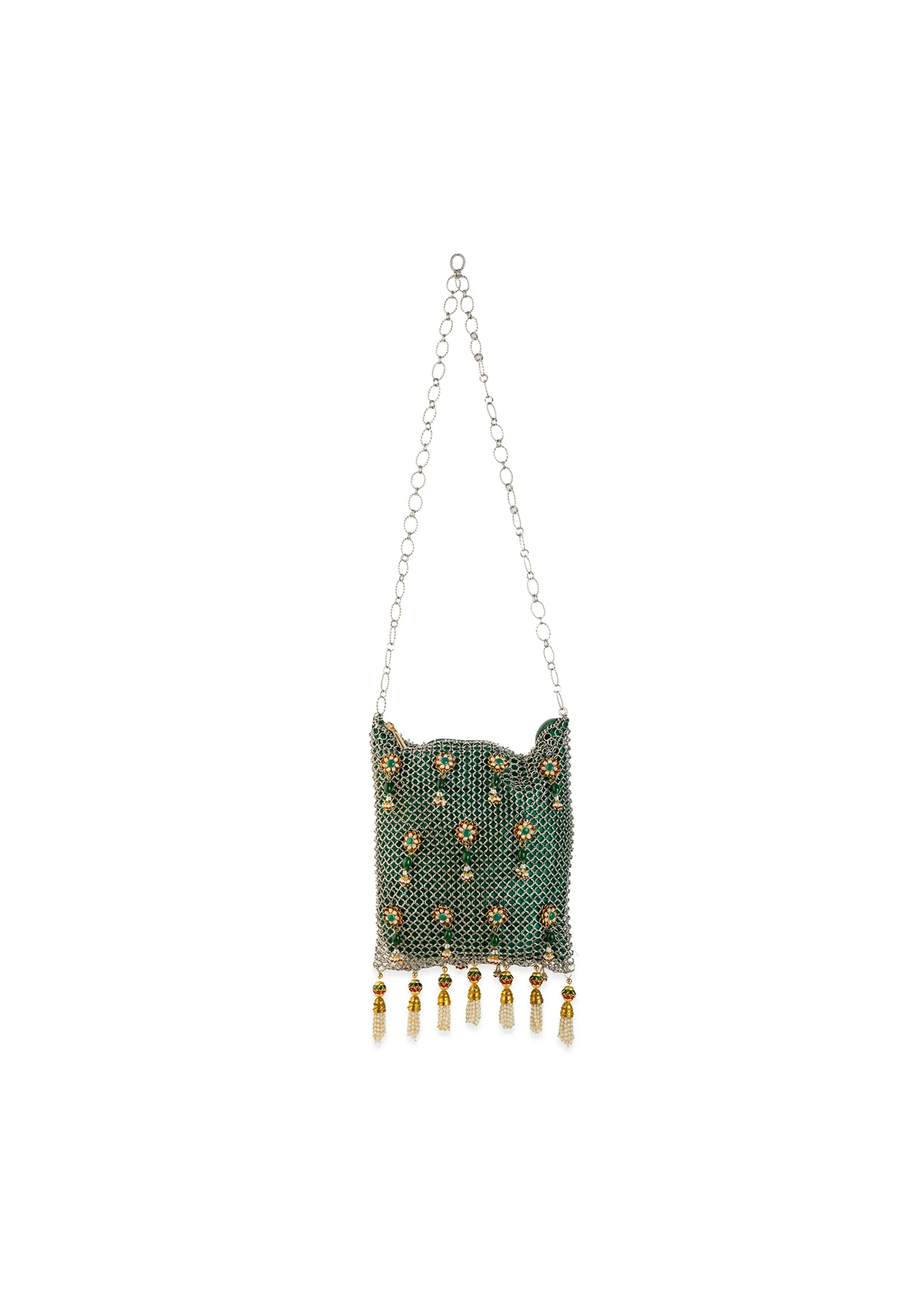 Green and Gold Jaal Mesh Pearl Embellished Bag - Image 2