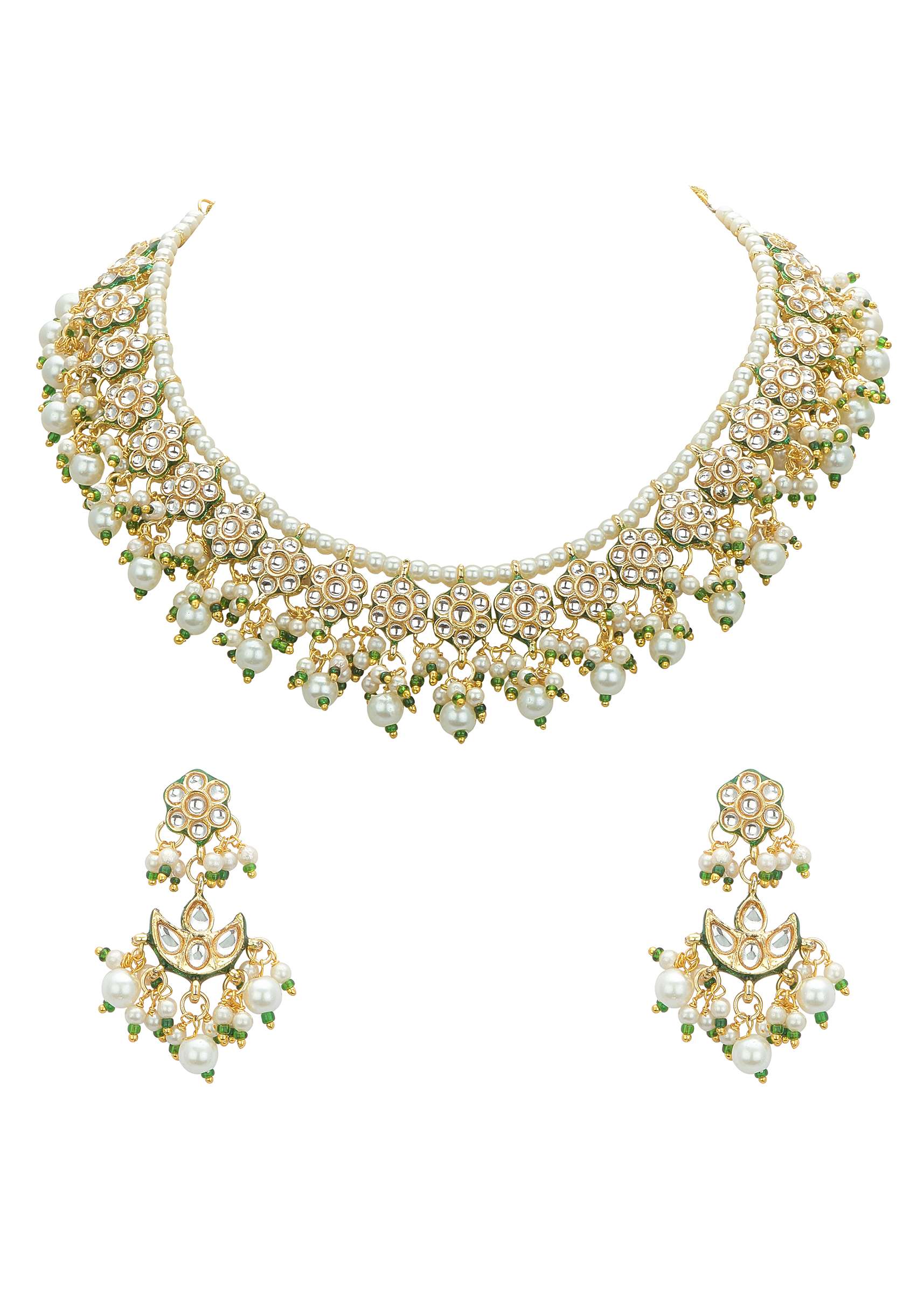 Green And Gold Kundan Short Necklace Set - Image 2