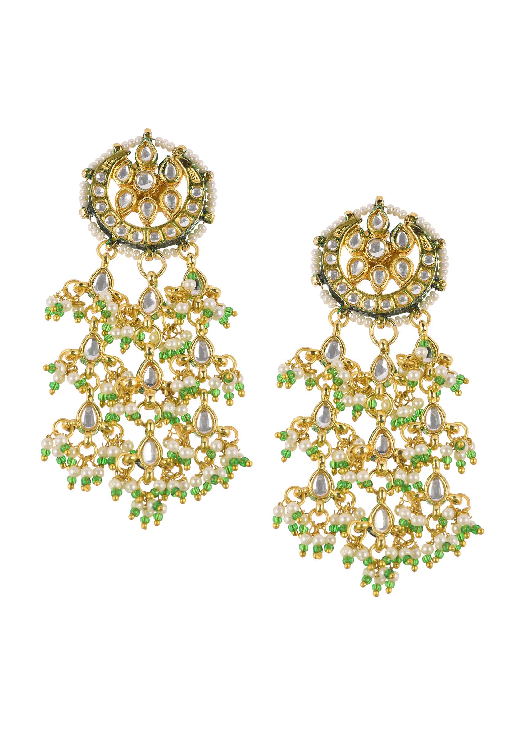 Green And Gold Toned Kundan Earrings - Image 2